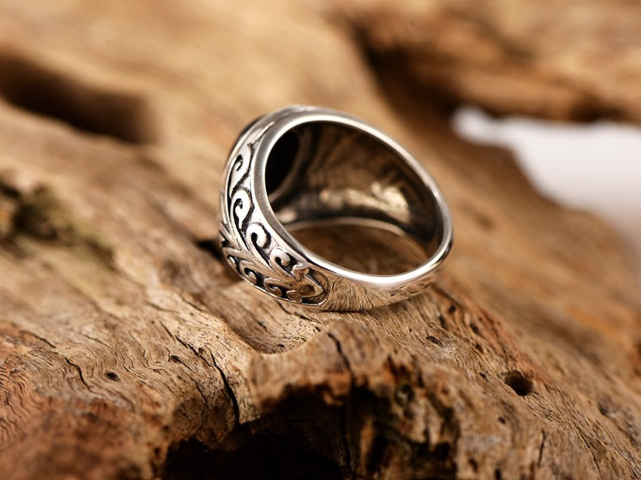 AMDXD Sterling 925 Silber Ringe, Antique Muster Ringe Silber Jungs für Herren, Biker Hip Hop Ring mit Achat Schwarz Oval Form, Silber, Echtschmuck