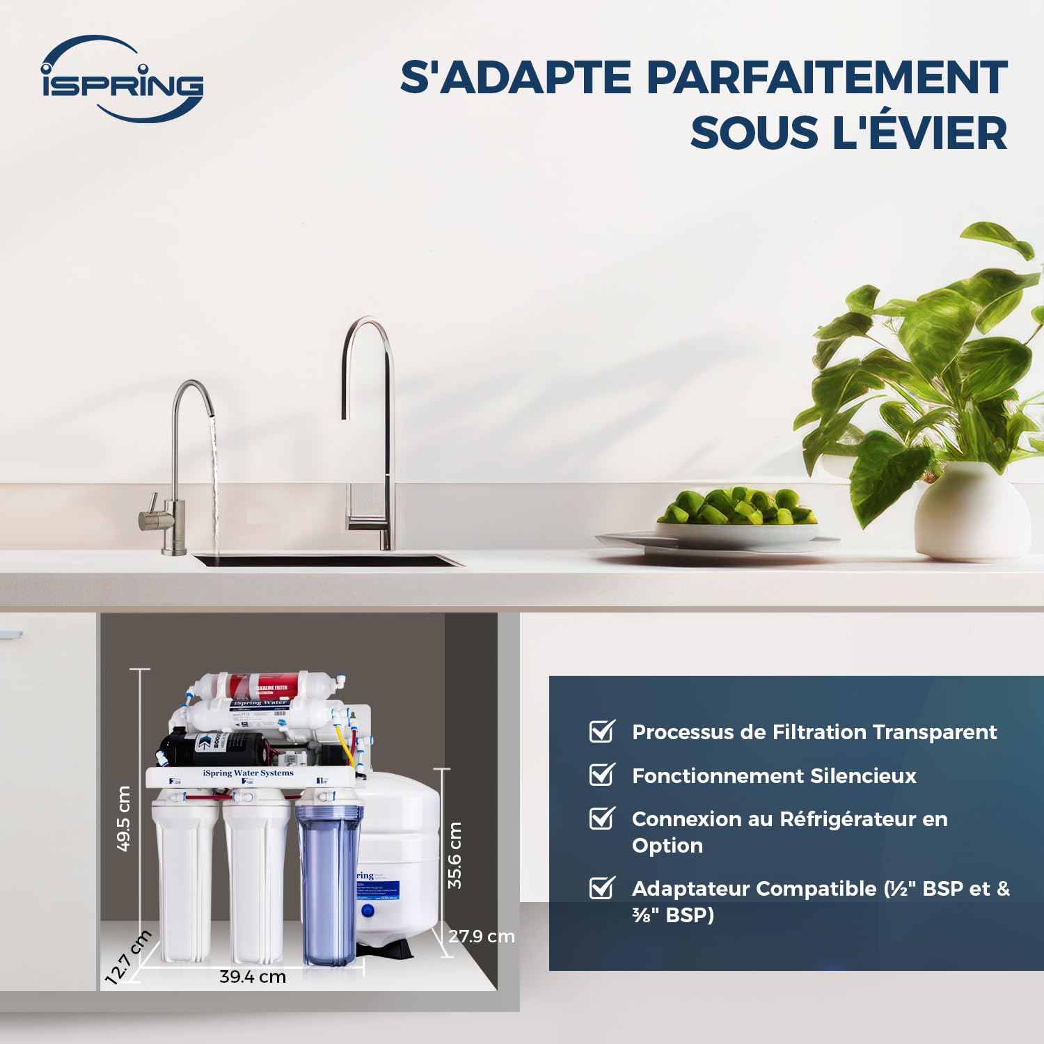 iSpring RCC7P-AK Système Osmose Inverse 6 Étapes Filtre Alcalin pH+ | 75 GPD Haute Capacité, Réduction TDS, Système sous Évier, Pompe de Pression Incluse