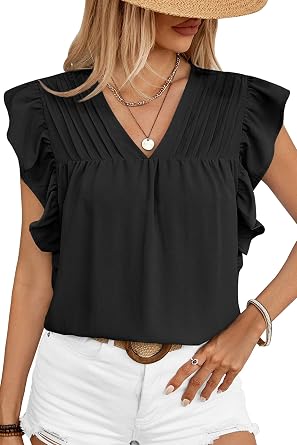 Clarisbelle Summer Womens Dressy Casual Business V Neck Blouses Pleated Ruffle Short Sleeve Trendy Tops