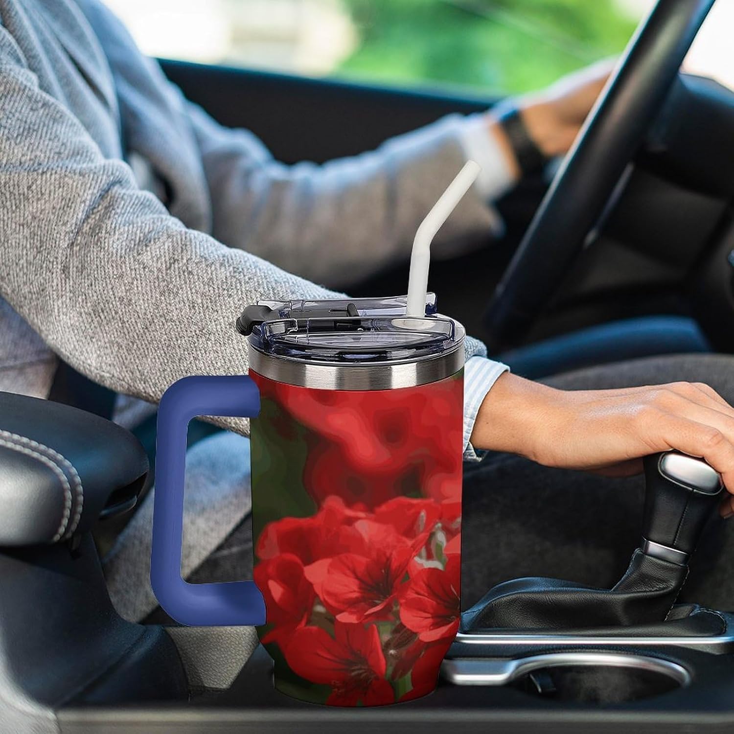 Red Geraniums Tumbler 40 Oz with Handle&Lid Large Car Cup Stainless Steel Vacuum Travel Mug Insulated Water Bottle Leak-proof Portable Coffee Cup for Home Car Outdoor