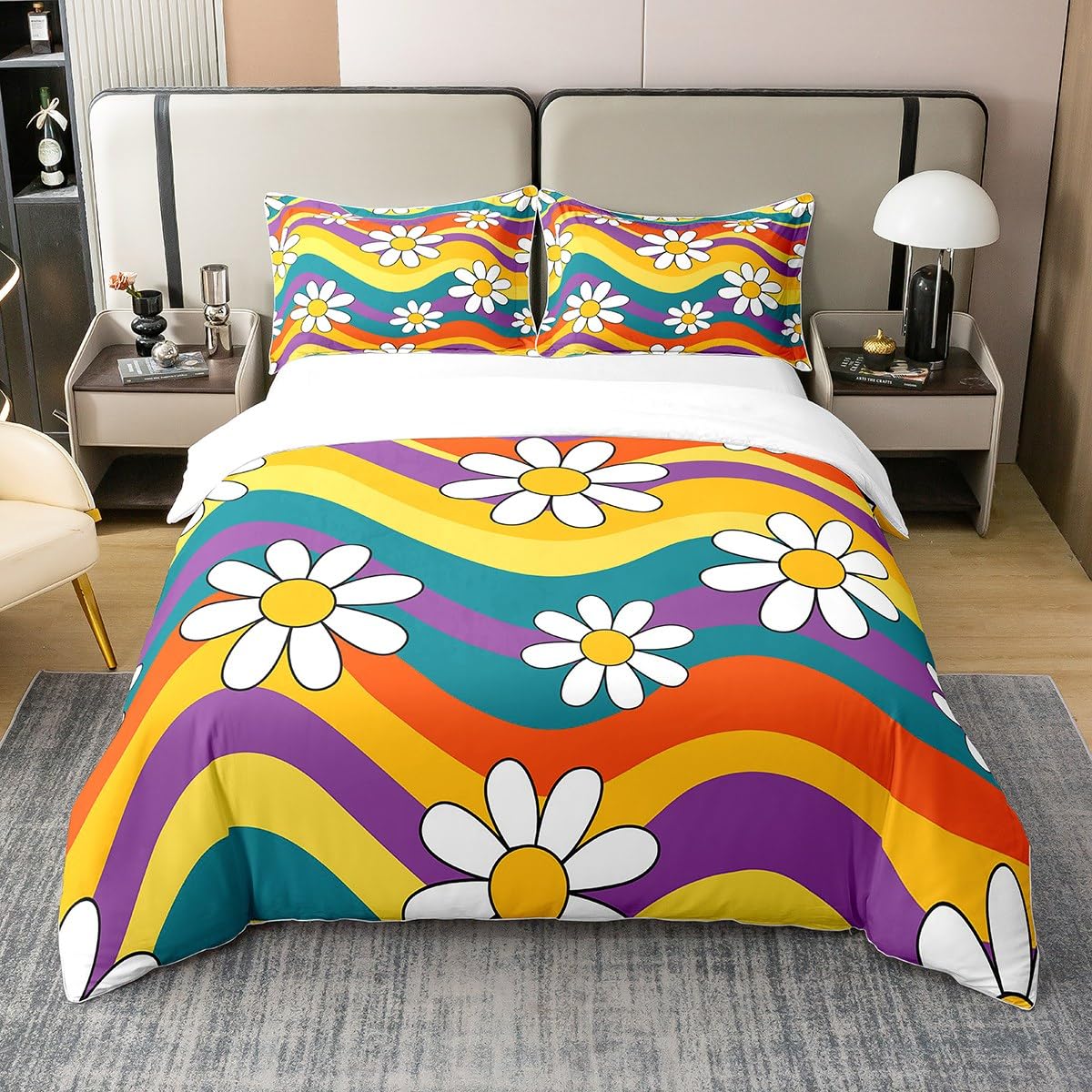70S Groovy Flower 100% Cotton Duvet Cover Single,Boho Rainbow Floral Comforter Cover for Kids Girls Teens,Hippie Flowers Bohemian Daisy Bedding Set Retro Funky Decor Bedspread Cover 2000S Room Decor — image 1