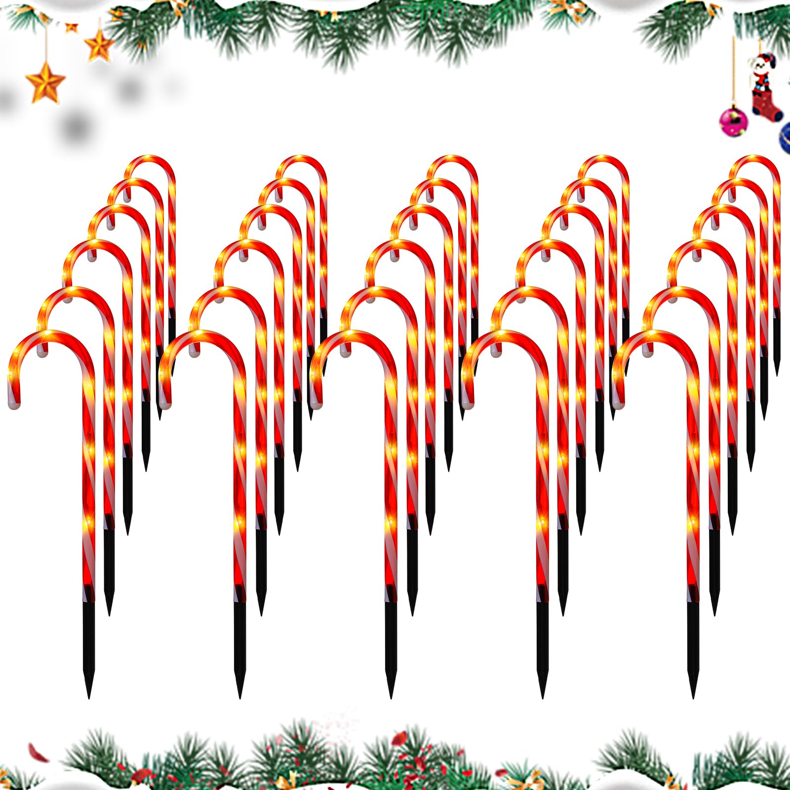 ROCEEI 30 Pcs 14.2 Inch Christmas Candy Cane Lights Candy Cane Pathway Markers with Stakes Solar Powered Candy Cane Christmas Decorations Christmas Pathway Lights for Holiday Garden Yard Patio Decor