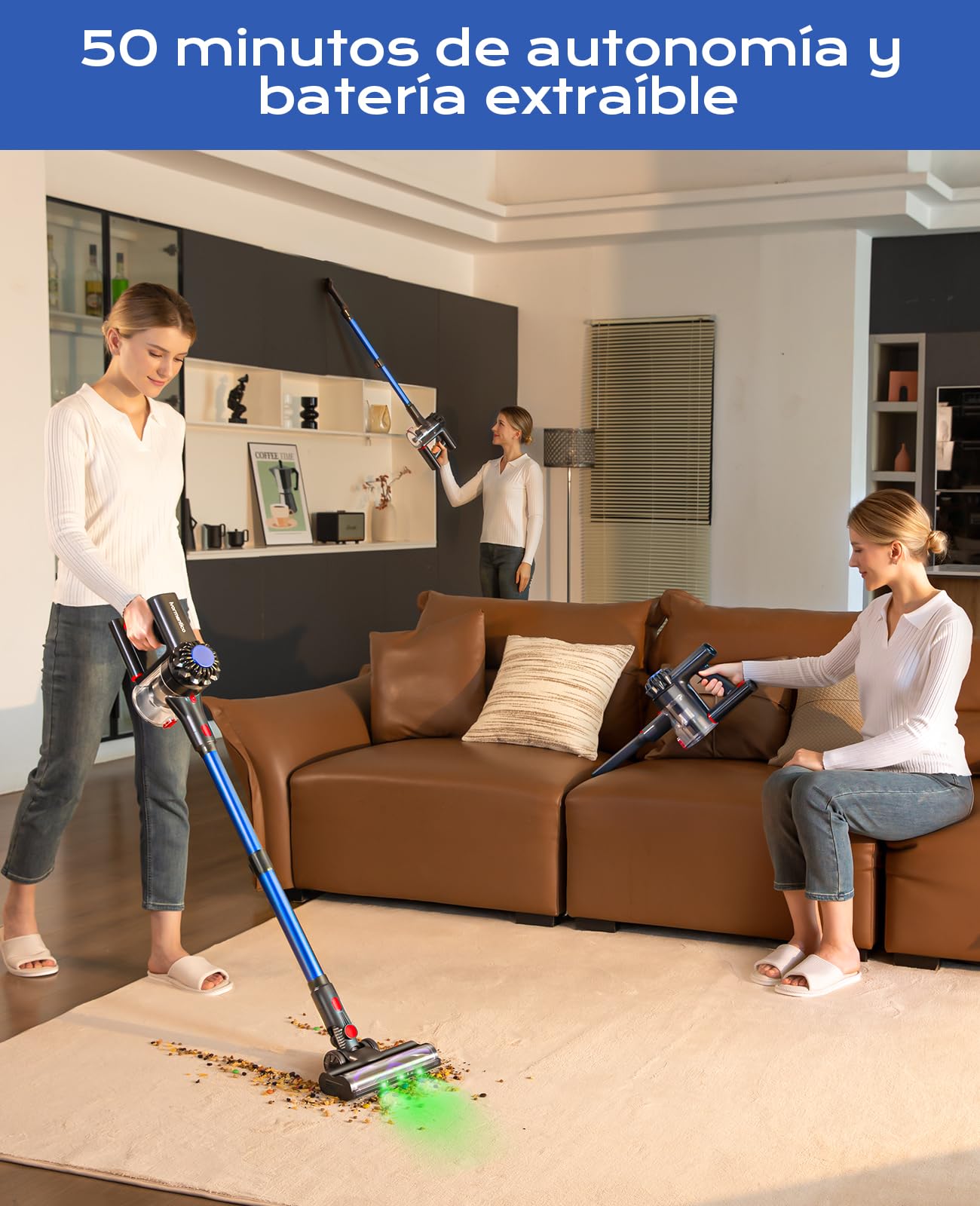 50Mins Aspiradora sin Cable, 40KPA Aspirador sin Cable, 450W Escoba Aspiradora sin Cable con Cepillo para Suelos Mejorado, Aspirador Vertical con LED Verde, para Suelo/Pelo, Azul