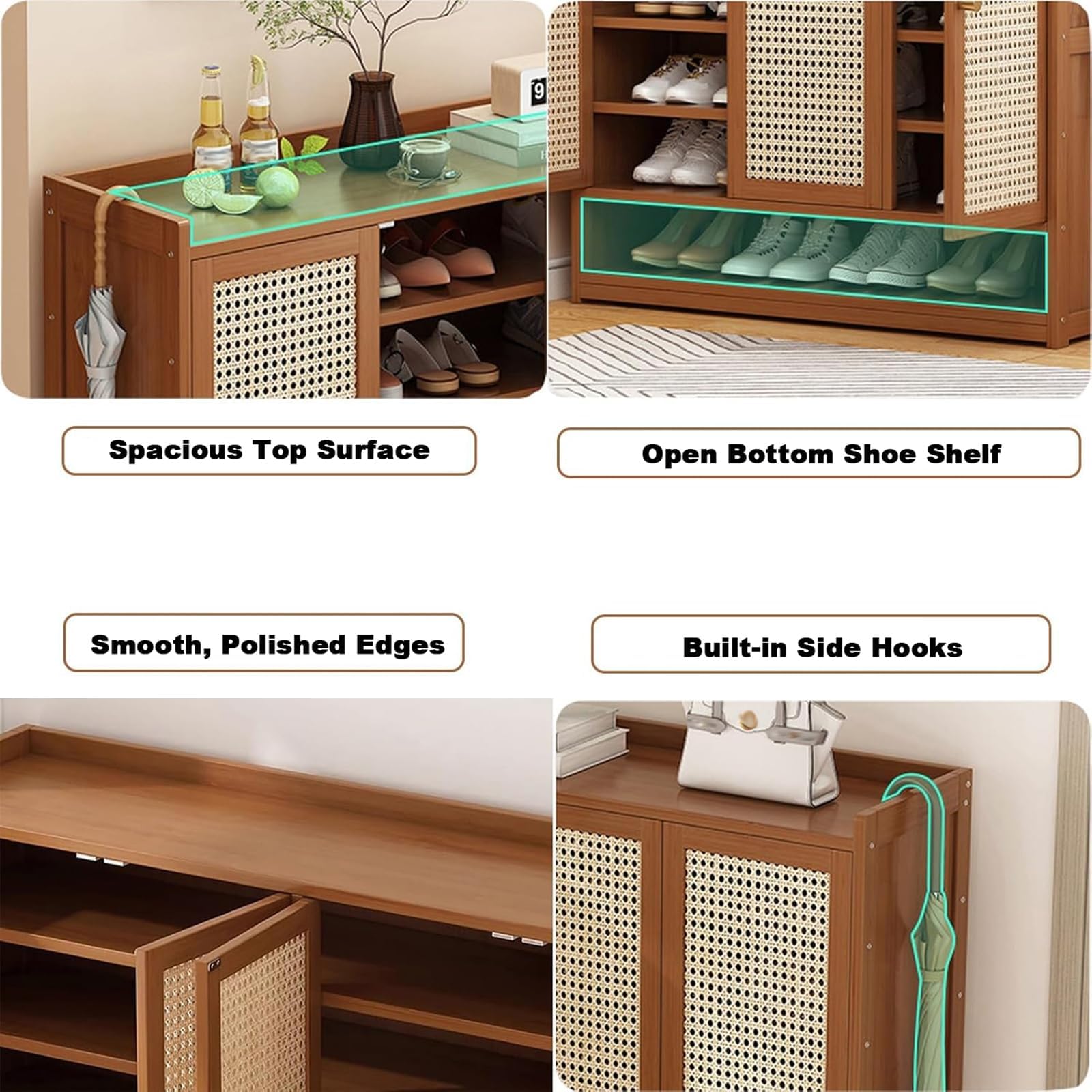 Meuble à chaussures en bambou à 8 niveaux avec portes en rotin, robuste et ventilé, étagère à chaussures de couloir, facile à assembler, bambou naturel pour salon et chambre à coucher