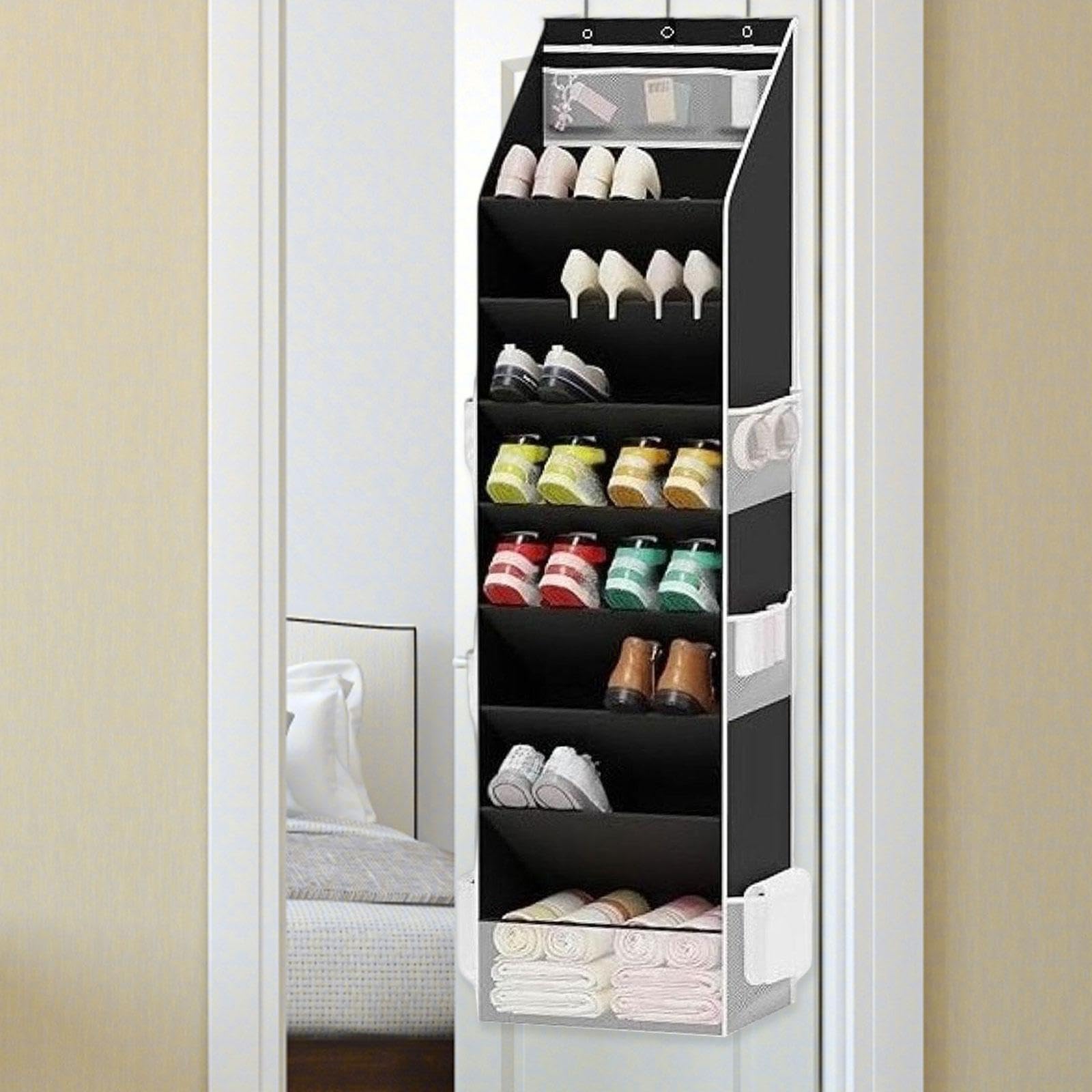 Fenteer Organizador de Zapatos Colgante con Compartimentos Amplios Estante para Zapatos para Colgar sobre Puerta Soporte Organizador Vertical Diseño en Tela O, Negro, Individual