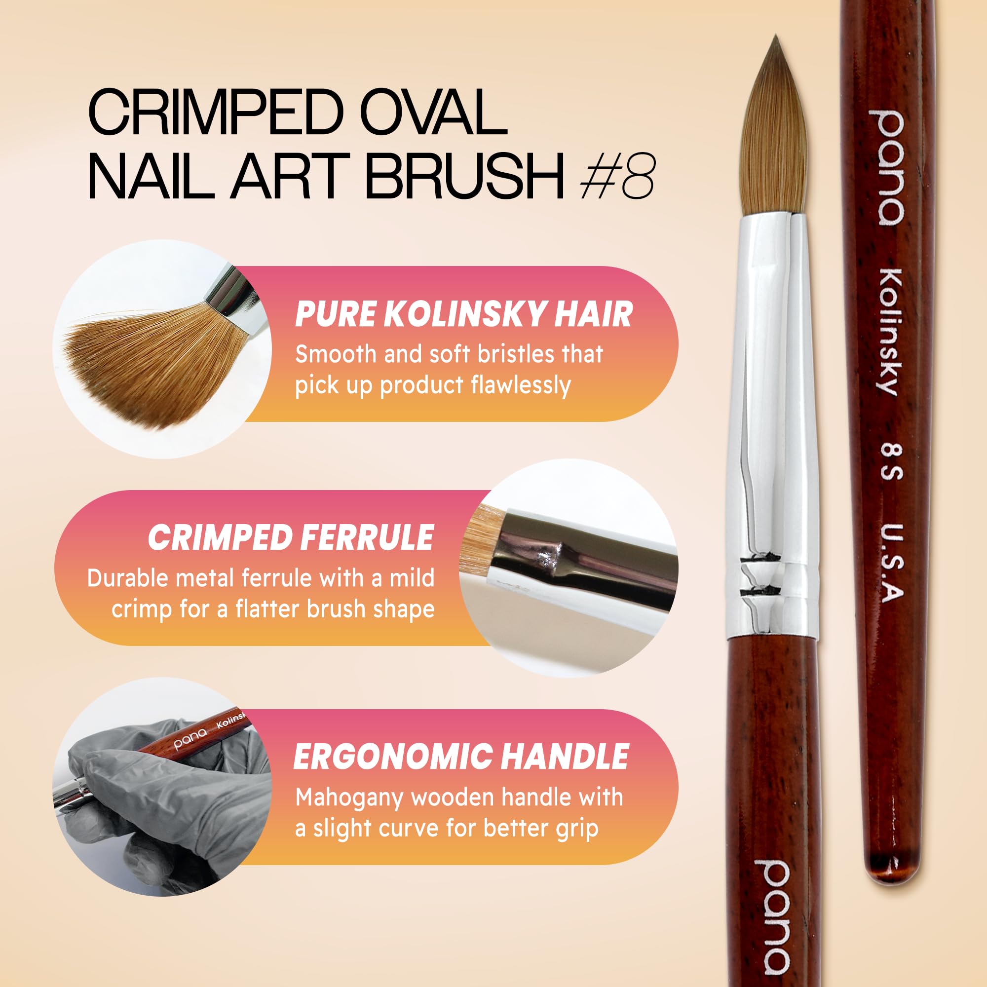PANA Pure Kolinsky Hair Oval Crimped Acrylic Nail Brush with Silver Ferrule