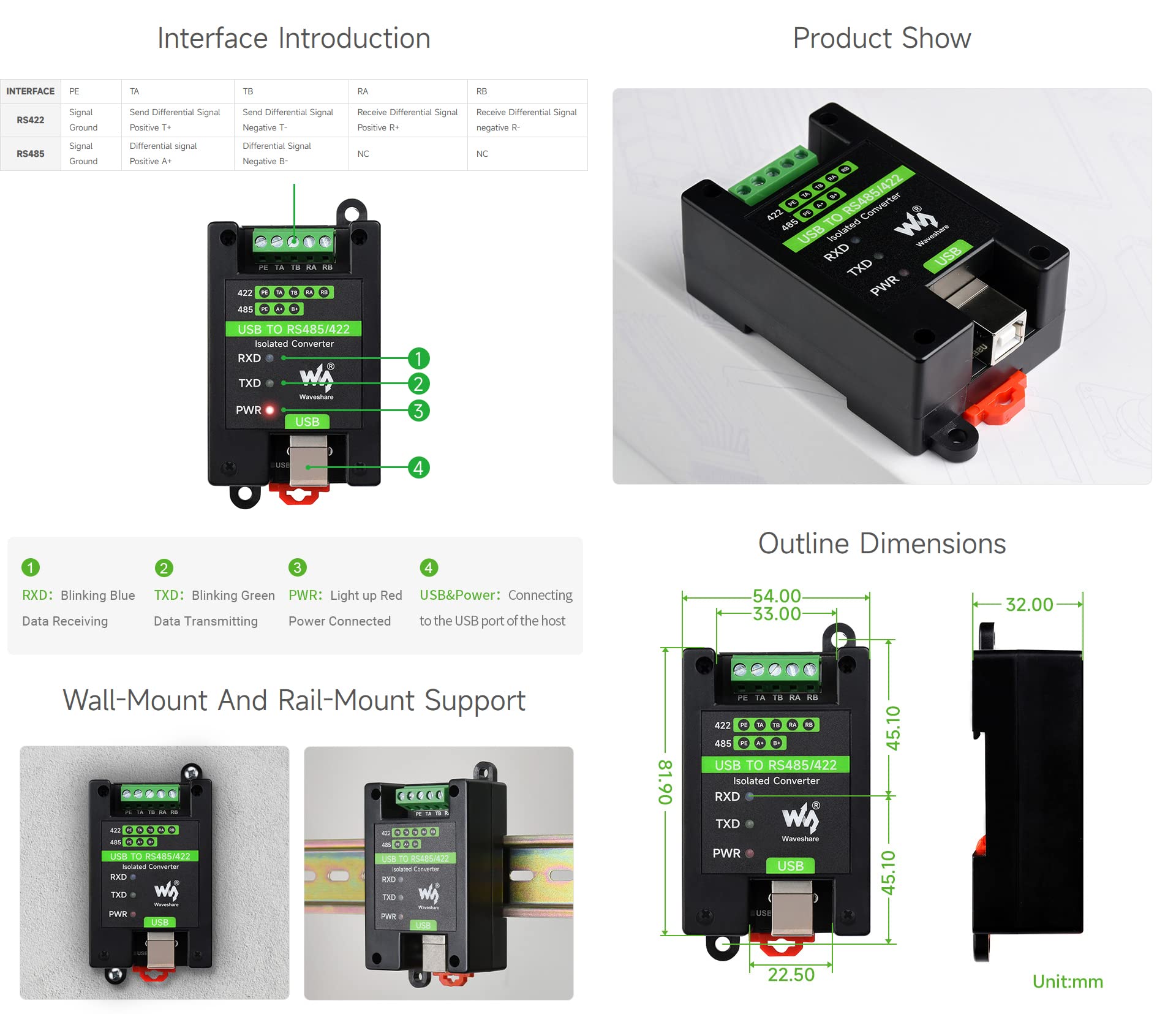 Waveshare USB to RS485/422, Industrial Grade Isolated Converter, Up to 1200m Long-Distance Transmission, Compatible with Mac/Linux/Android/Win11/10/8.1/8/7, Support Wall-Mount & Rail-Mount