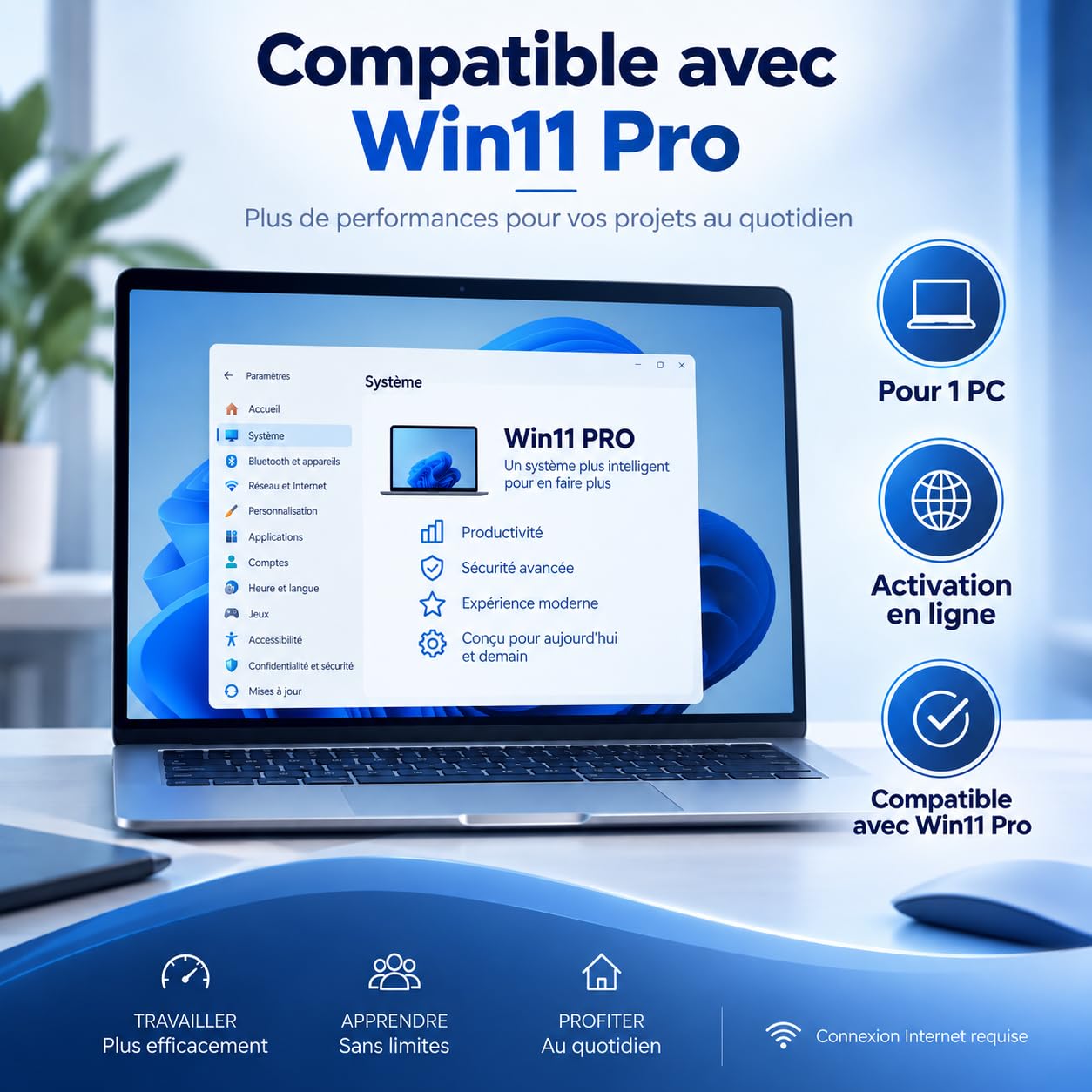 Clé d’activation pour Win11 Pro – Compatible avec système Win11 Professionnel – Activation en ligne – Livraison numérique par message et e-mail – Pour 1 PC