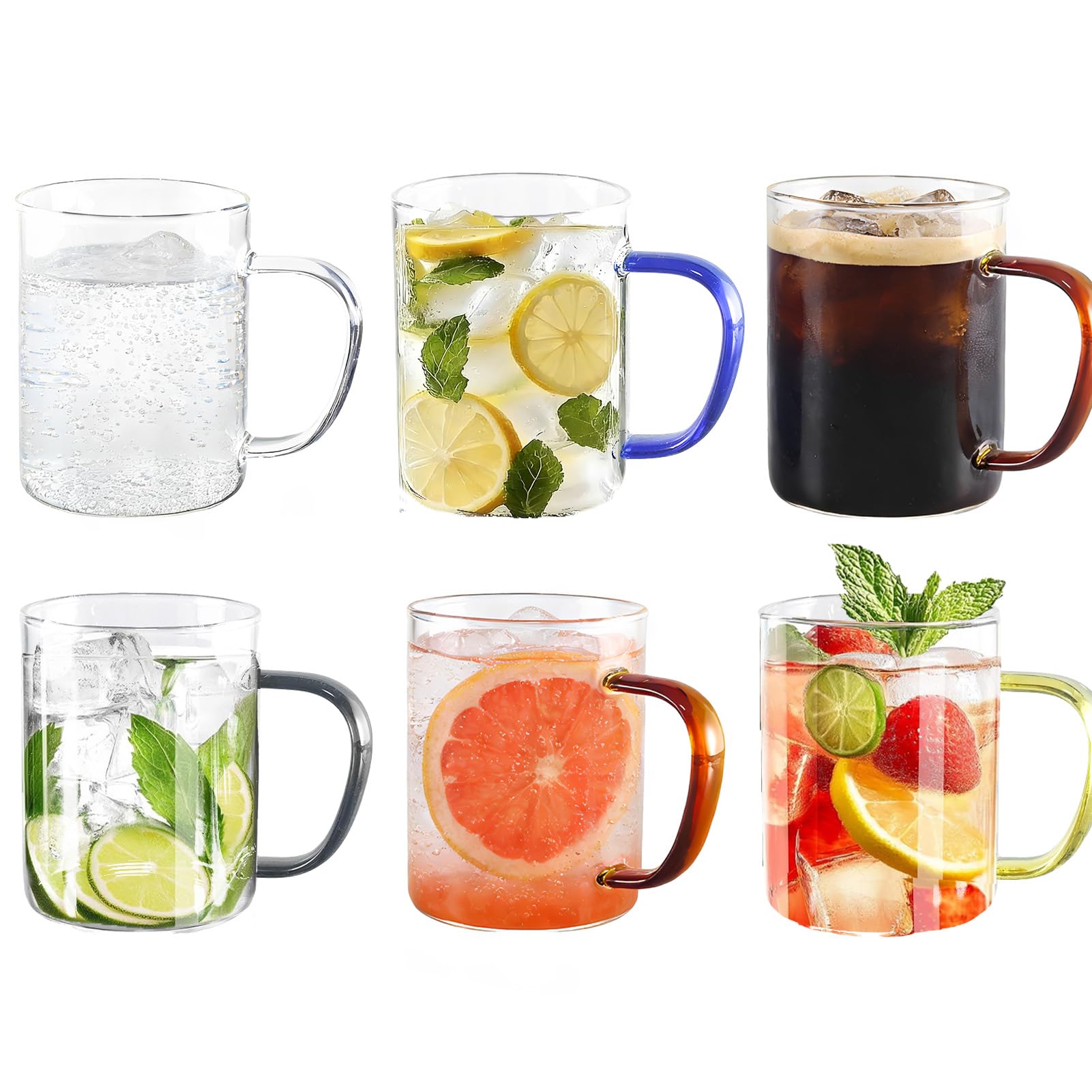 CZCMYAU 300ml Glass Coffee Mugs Set of 6, Transparent Drinking Borosilicate Glass Cups with Different Coloured Handle, Hot Cold Beverages Glassware for Tea Milk Juice