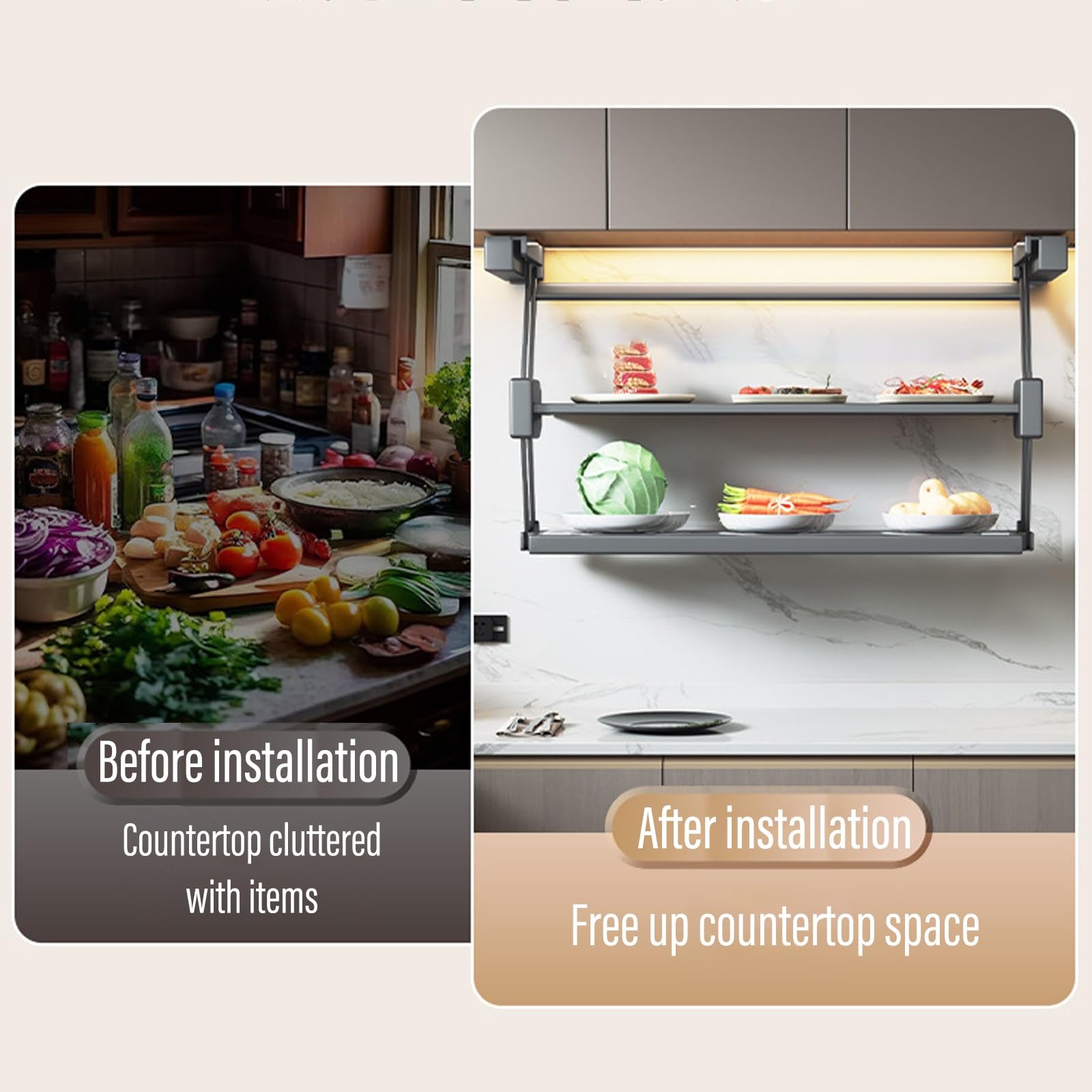 Scaffale estraibile in acciaio al carbonio, 2 ripiani, capacità di carico 10 kg, organizer da cucina pieghevole, per spezie, preparazione e conservazione degli alimenti (bianco, 60 cm / 23in)