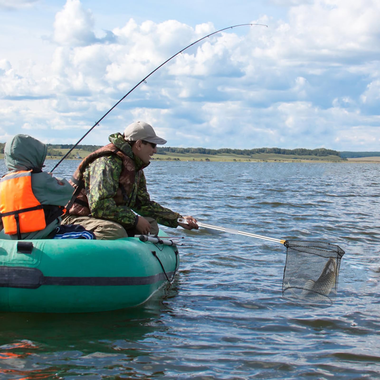 Retino da pesca con manico, asta di prolunga da 102-213 cm, manico regolabile in acciaio inox, guadino pieghevole per Steelhead, salmone, spigola e altro, ideale per kayak/pesca a mosca, attrezzatura
