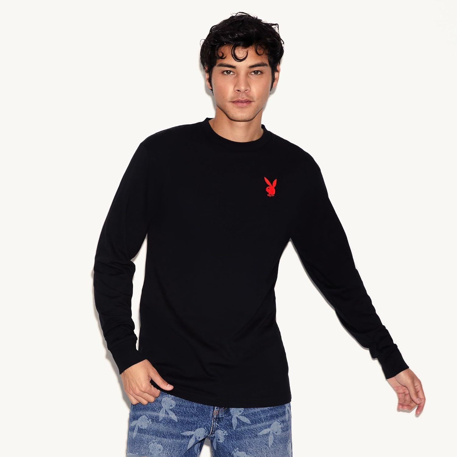 Playboy Repeating Masthead Long Sleeve T-Shirt, Unisex Soft-Washed Cotton Crewneck, 100% Combed Ring-Spun Cotton