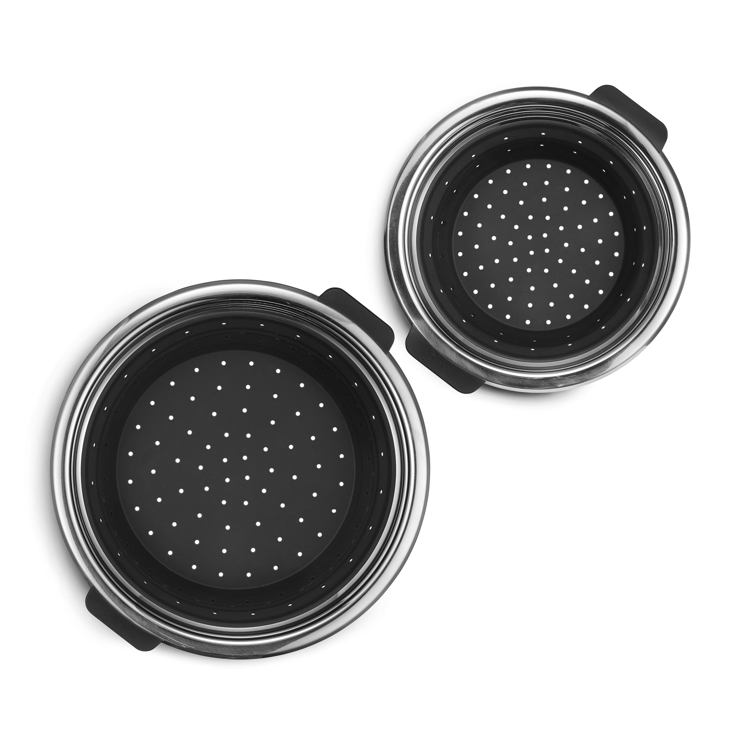 HexClad 2-Piece Steamer Basket Set for Steaming and Draining, Fits HexClad's 3 and 8Qt Pots, Dishwasher-Safe, Space-Saving Design, Heat-Safe to 425ºF, Non-Slip Handles, Silicone and Stainless Steel