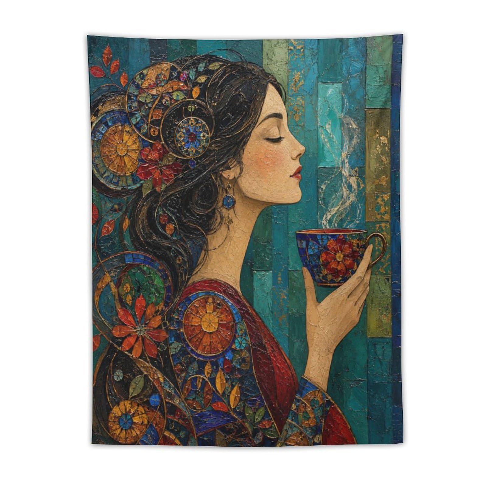 W7C8U2X3 Woman with Teacup Wall Tapestry, Mosaic Style, Byzantine Jewel