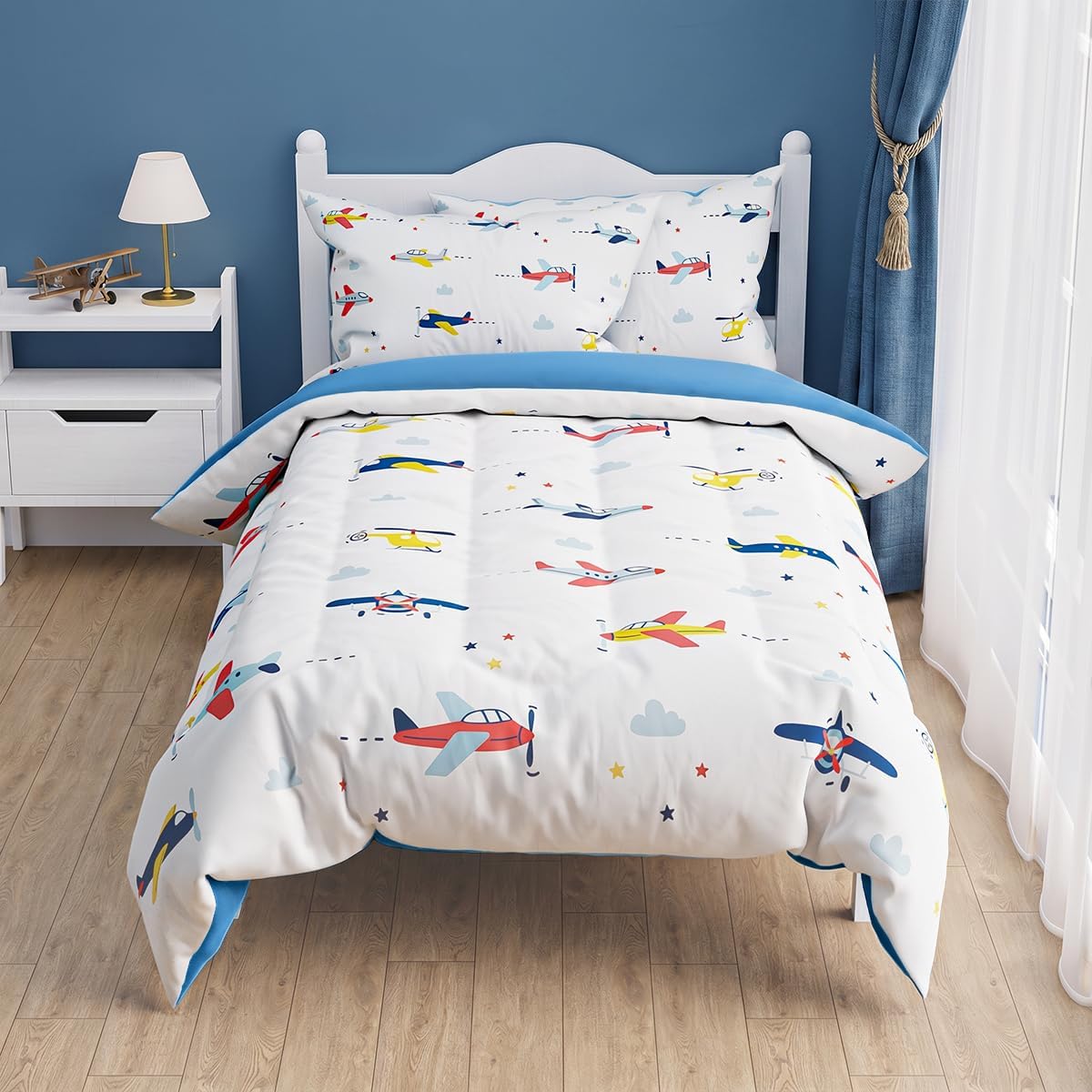SANDJEST Airplane Twin Bedding Sets with 3-Pieces (Includes 1 Comforter, 1 Fitted Sheet, 1 Pillowcases), Comforters Bed Set Bedroom Decor