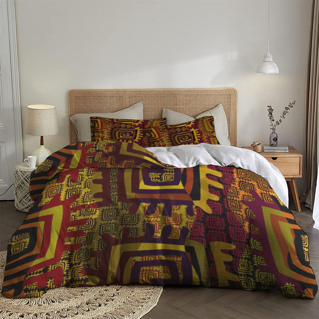 NIBAINLO 布団カバーパッチワークスタイルの抽象的な部族模様 肌に優しい ピーチスキン加工 掛け布団カバー 和式 洋式 あったか 布団カバーセット リバーシブル ホームステイ ホテル 家庭兼用