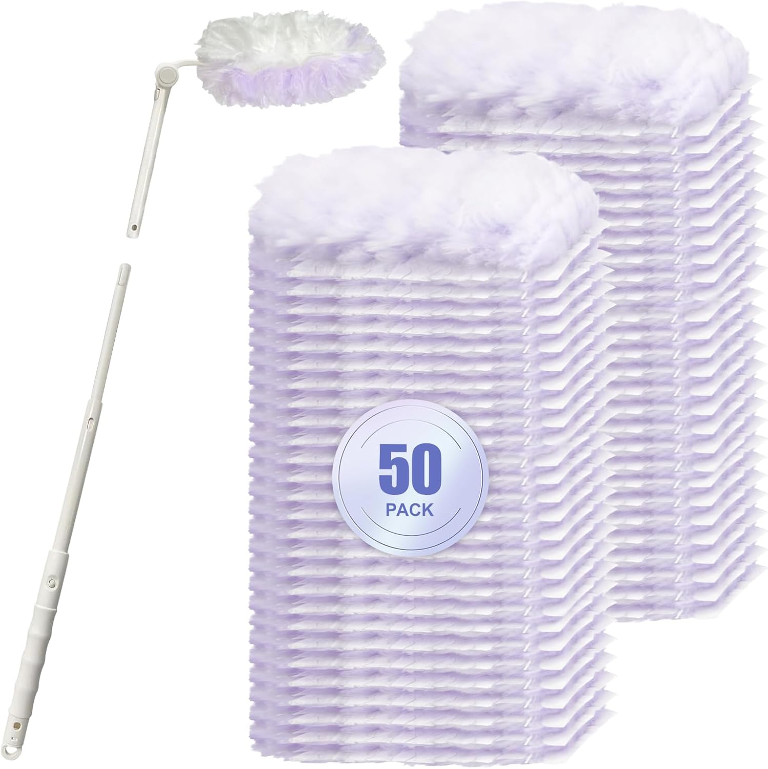 50 Count 360° Multi-Surface Feather Duster Refills, Compatible with Swiffer Dusters, Thickened Heavy-Duty Material Disposable Dusters Kit Includes 2 Handle for Efficient Cleaning