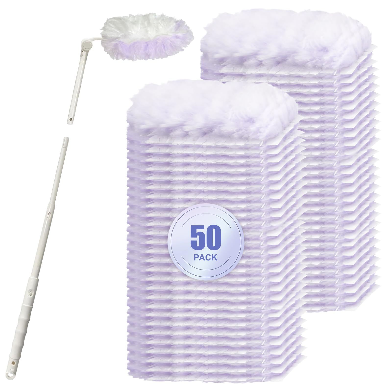 50 recambios de plumero multisuperficie de 360°, compatibles con plumeros Swiffer, kit de plumeros desechables de material grueso y resistente con 1 mango extendido para una limpieza eficiente para la