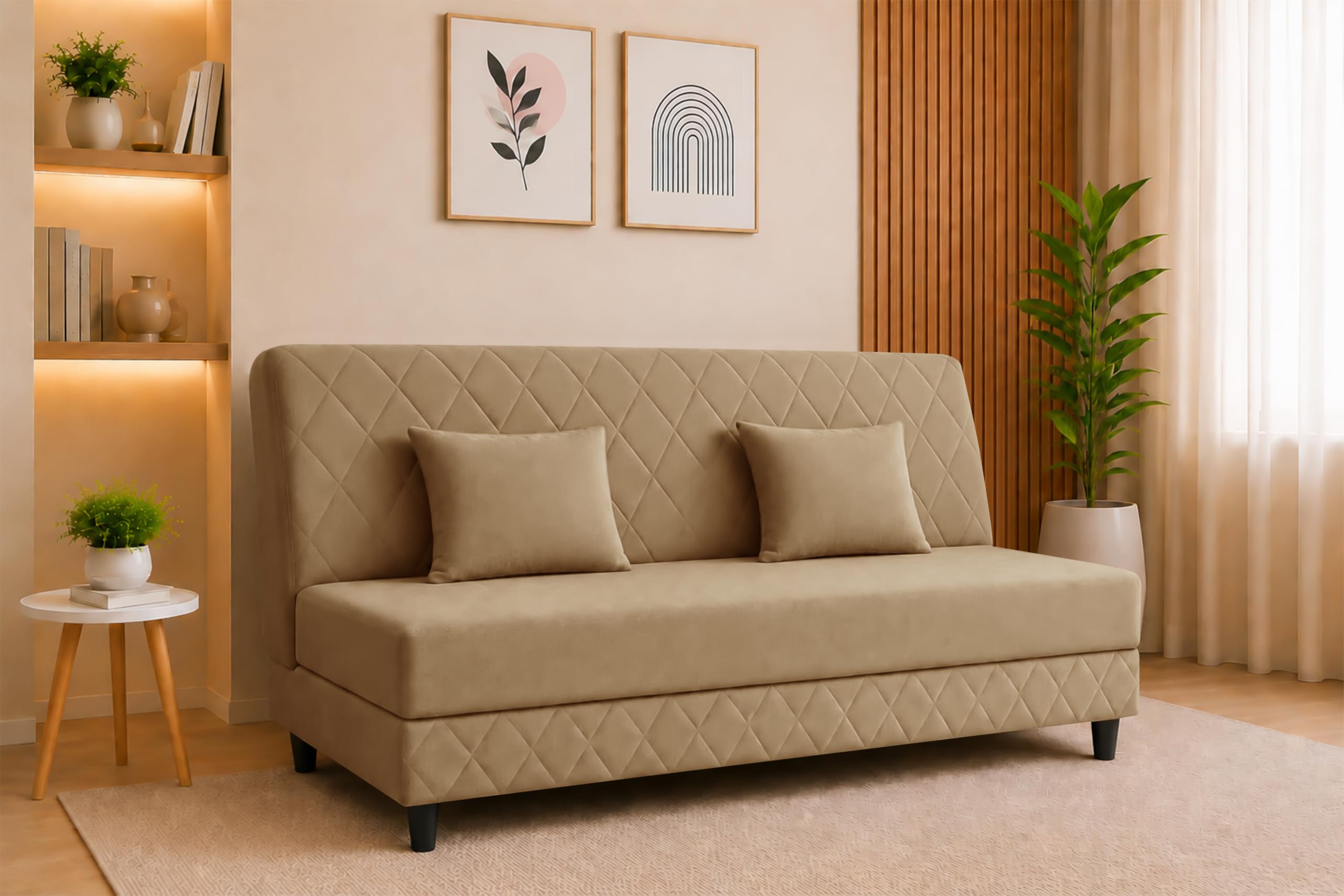 Deco Studio Velvet Fabric Sofa Cum Bed | 3 Seater Sofa Bed | Premium Upholstered Folding Couch for Living Room, Guest Room & Bedroom | Quilted Backrest with 2 Cushions (Golden)