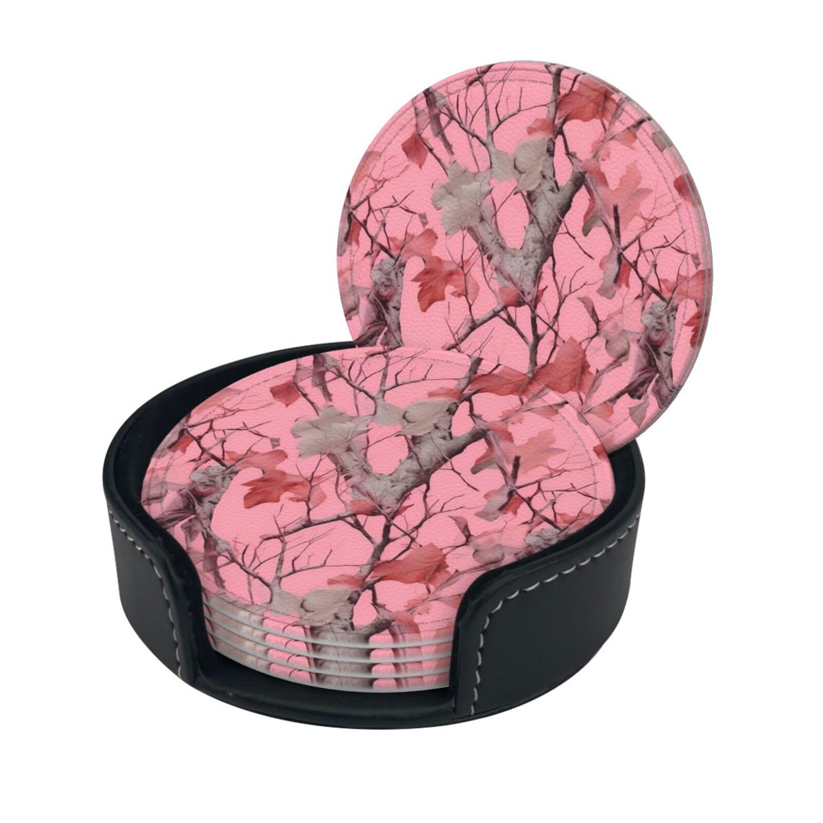 Smazdfxx Women's As Pic Stylish Coasters - Leaves Camo Set Of 6 Round Leather Drink Coasters With Holder - Perfect Size For Cups And Glasses