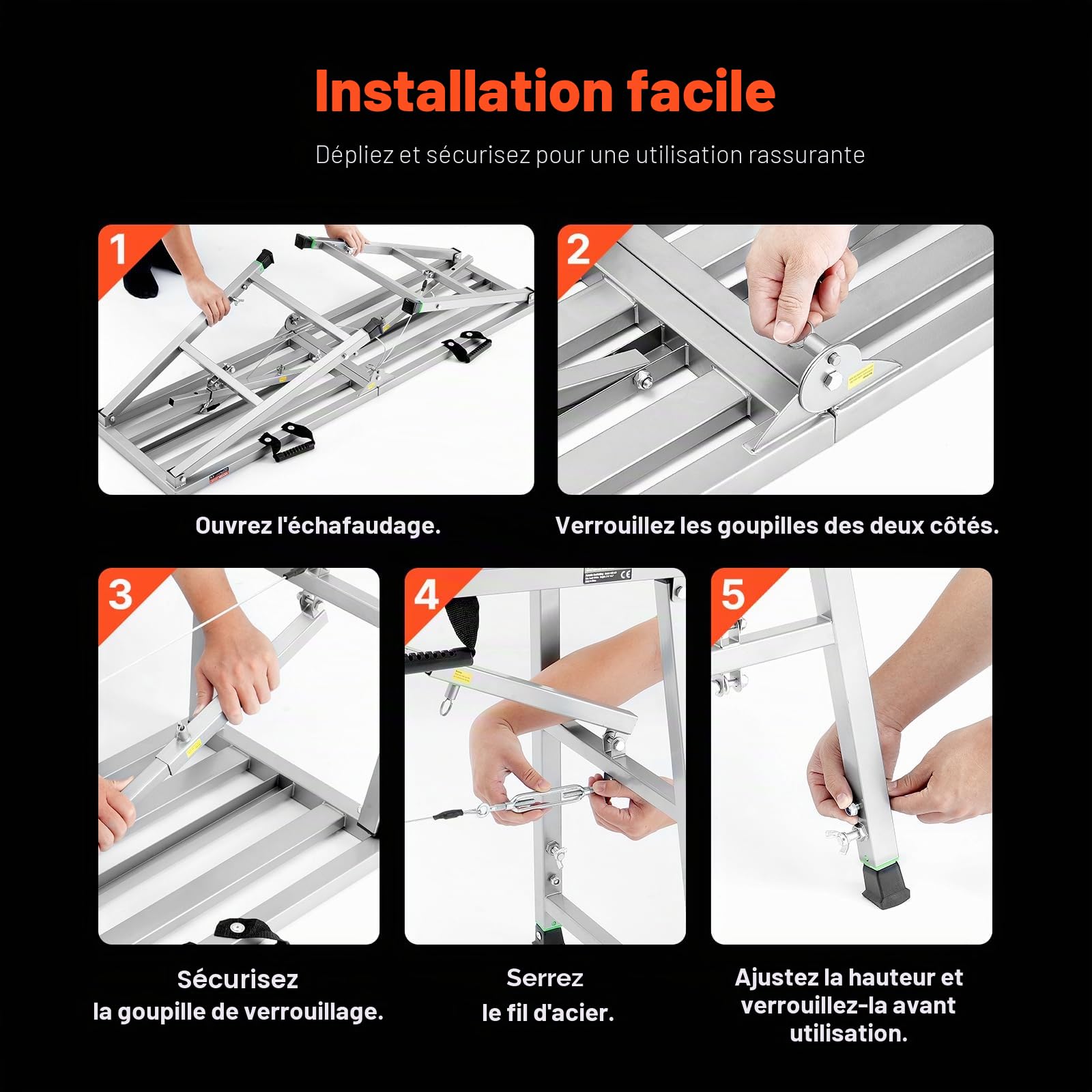 VEVOR Plateforme de Travail Échafaudage Pliant Portable 700/850/1000/1150 mm Acier Allié, Capacité de Charge 360 kg, Pieds Antidérapants, Tabouret de Peinture pour Cloisons Sèches, Nettoyage, Lavage