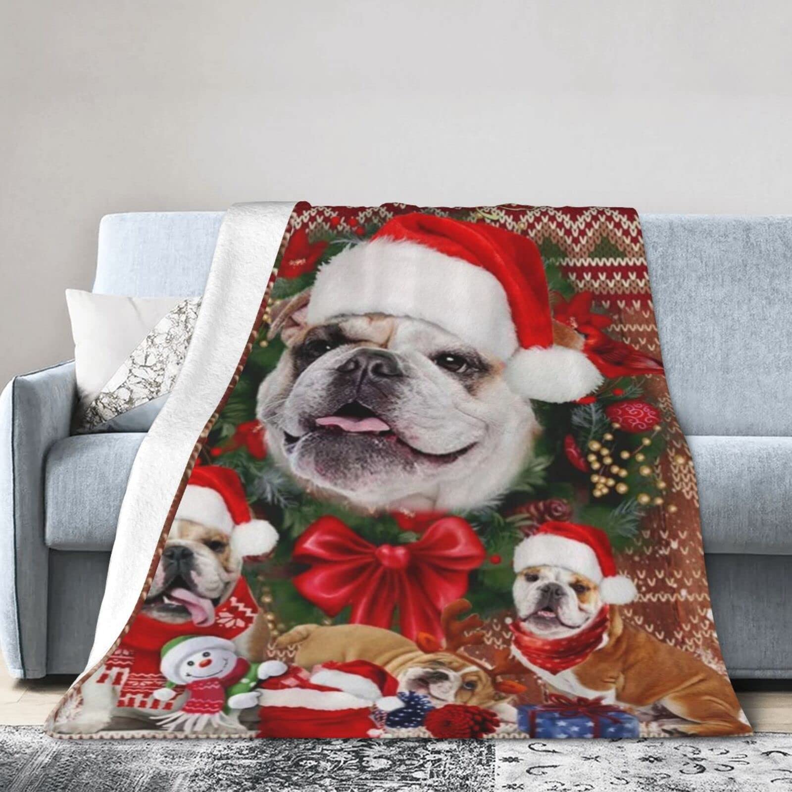 Lsjuee Christmas Flannel Fleece Blanket 60"X50" Merry Christmas Bulldog Red Sofa Throw Blanket Weighted Ultra-Soft Travel Winter Blankets for Womens Keep Warm