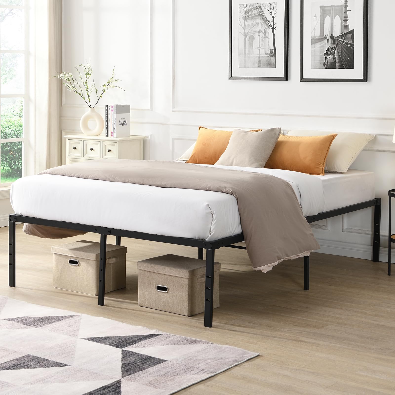 Heavy Duty Metal King Size Bed Frame Steel Platform Bed Frame with Round Corner Legs No Box Spring