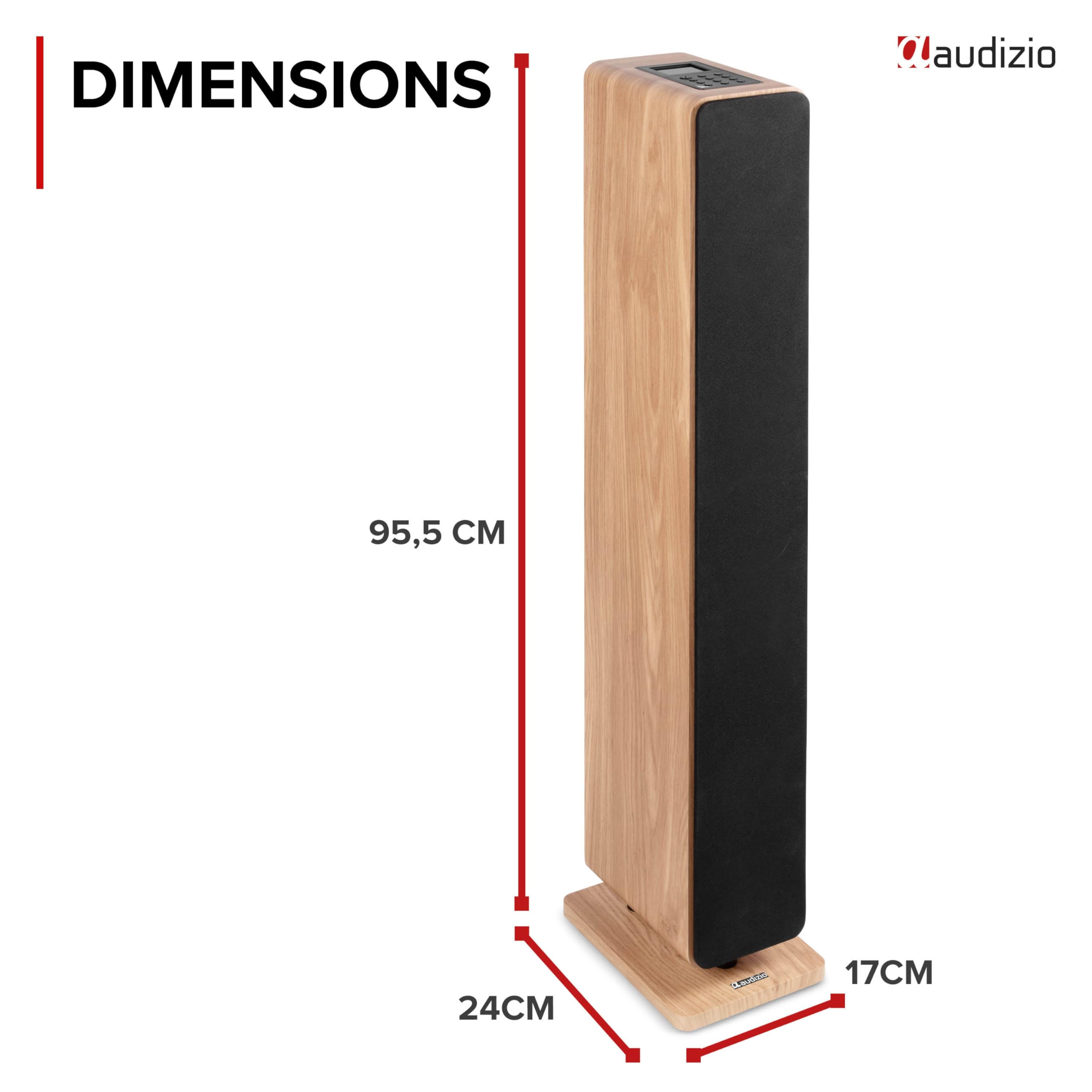 Audizio ARCO - Enceinte Colonne Hi-FI Active Chêne Clair avec Radio Dab+ 160W avec 3 Woofers 4″ - Tour de Son BT, USB, Optique