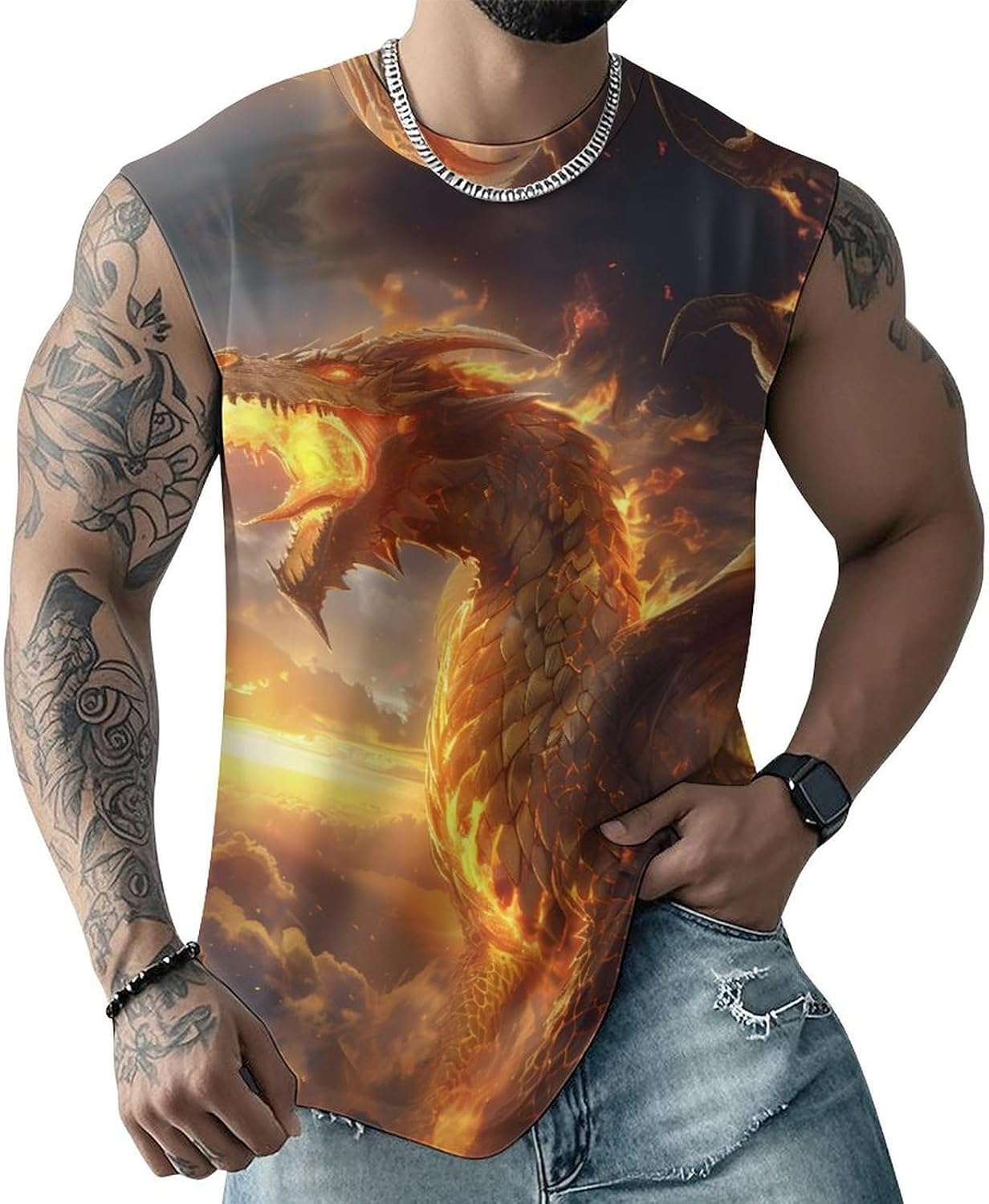 Fire Dragon Breathing Flames Men Summer Sleeveless Crew Neck Top 5XL