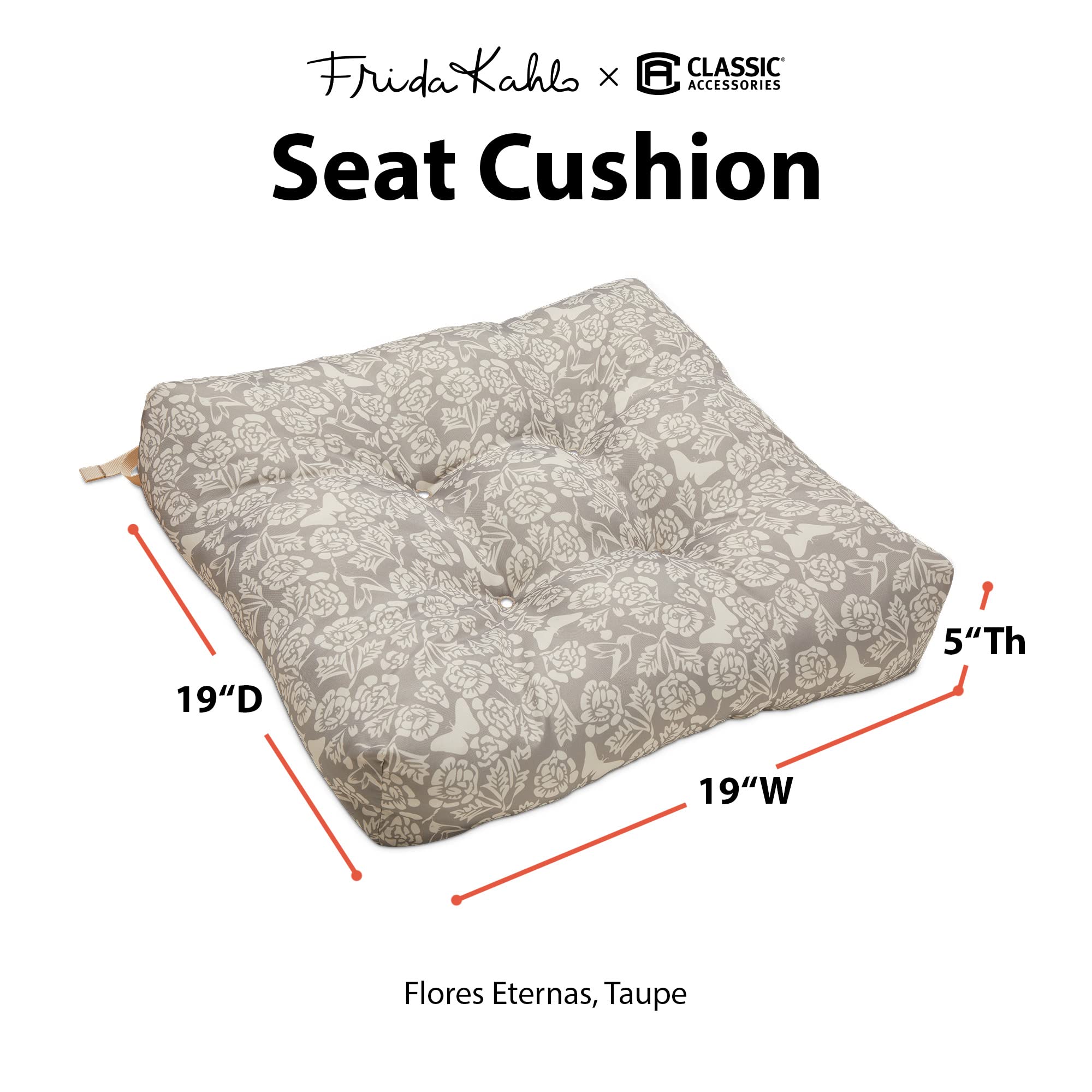 Classic Accessories Frida Kahlo Patio Seat Cushions, 2-Pack, 19 Inch, Flores Eternas, Taupe, 2 Count