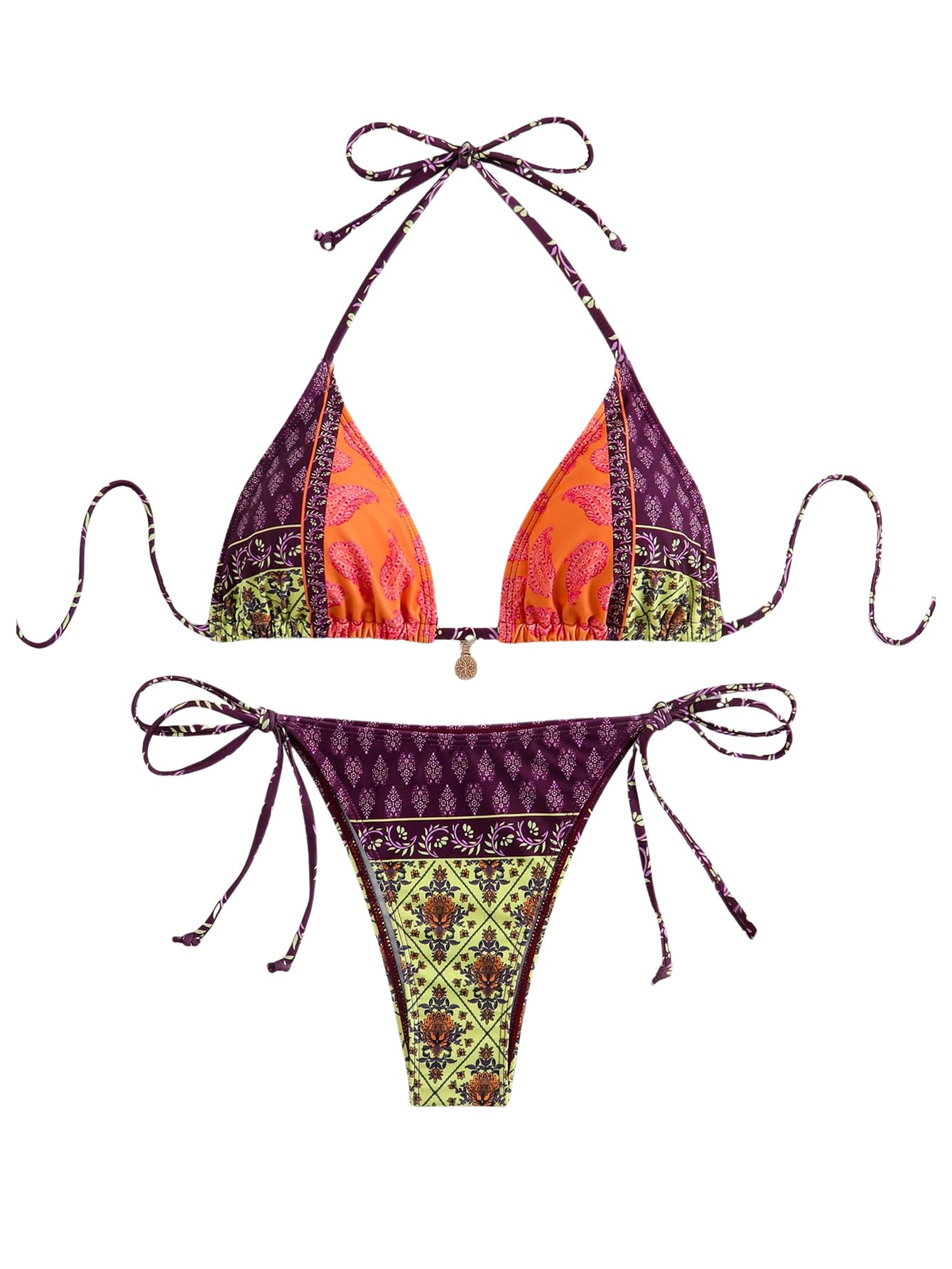 Women's 2 Piece Bikini Sets Boho Paisley Print Swimsuit Halter String Micro Thong Bikini Set-image-10