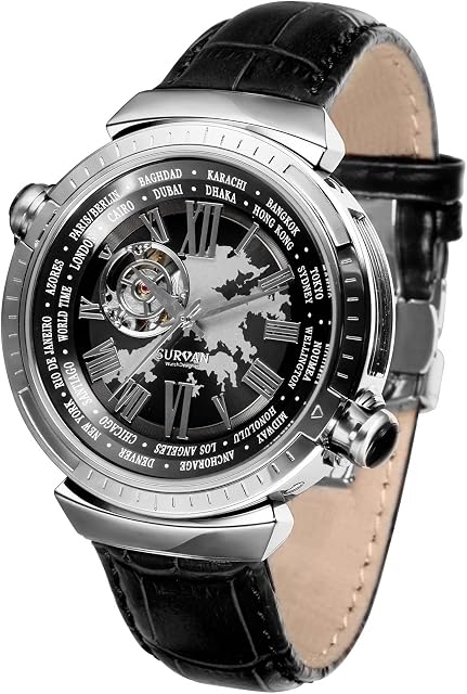 SURVAN Swiss Automatic Watch for Men World Time Mechanical Skeleton Wrist Watch 18k Yellow Gold Ion-Plated Black Genuine Leather Strap