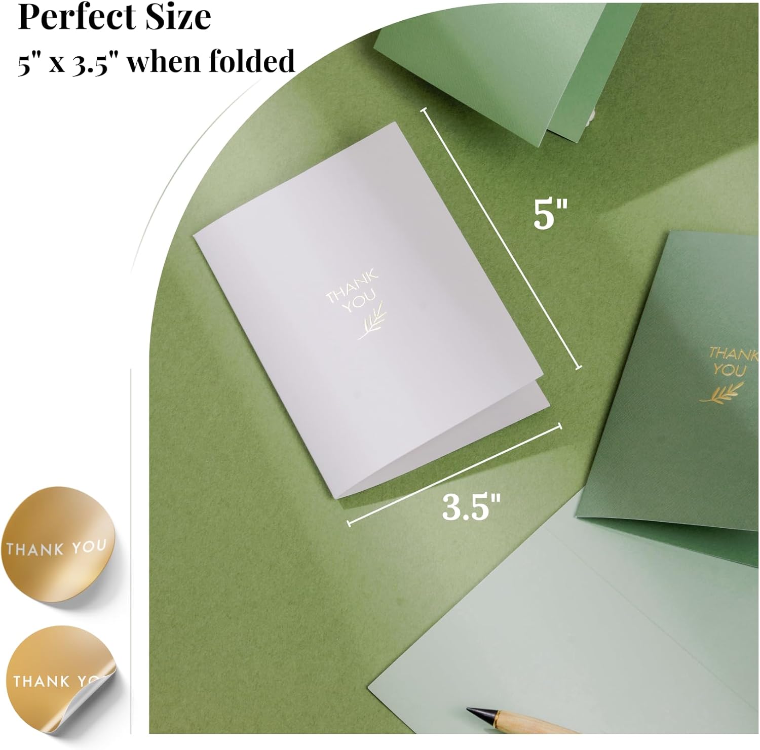 Gold Foil Thank You Cards - Bulk Pack of 40, 5x3.5 Inch with Matching Stickers & Envelopes (Green) Textured Surface for a Unique Feel - Suitable for Baby Shower, Wedding, Small Business, Graduation - Image 2