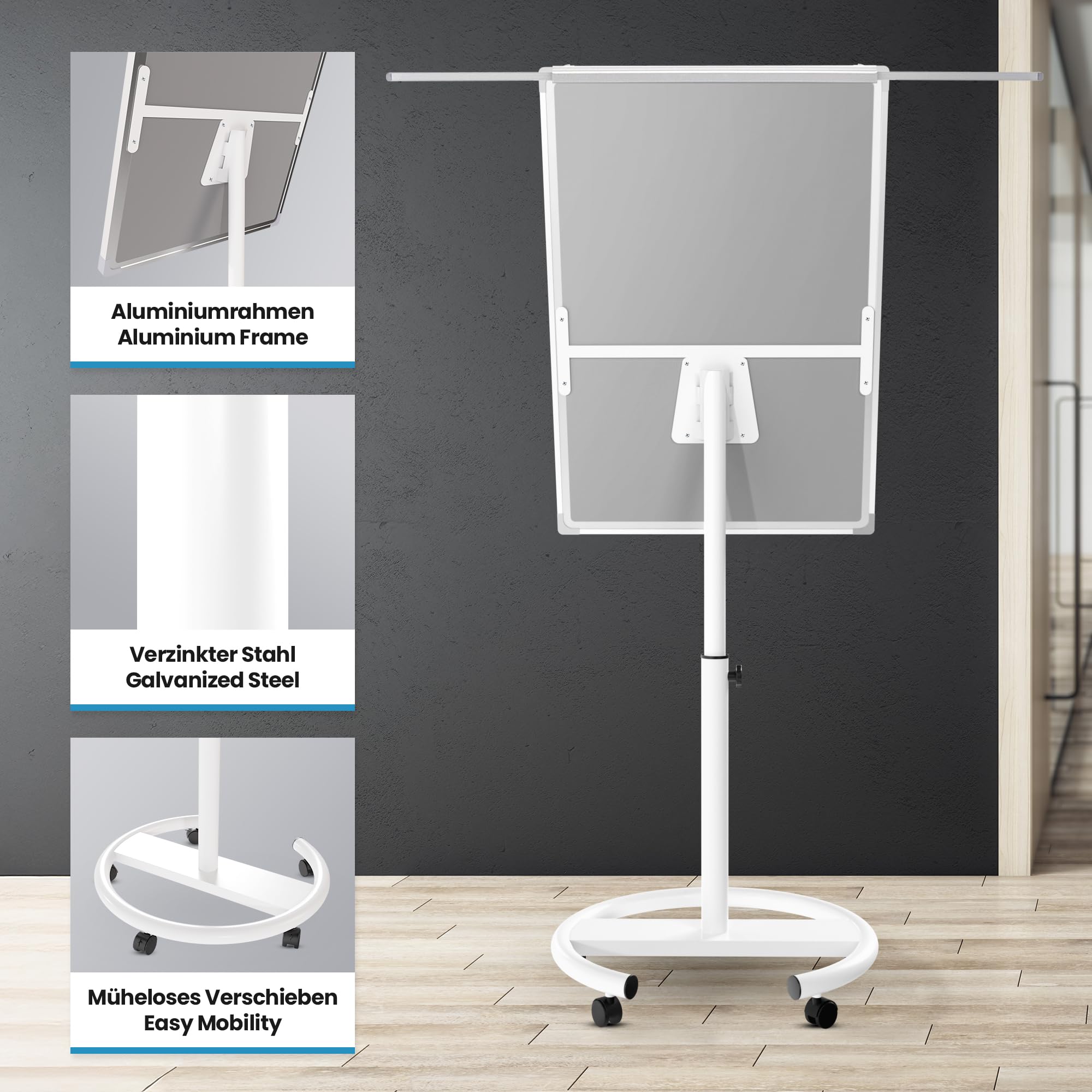 Jago® Lavagna a Fogli Mobili - con Ruote, Base Rotonda, 60 x 90 cm, Altezza Regolabile, 2 Bracci Estensibili, con Magneti, 25 Fogli, Spugna - Lavagna Portablocco, Flipchart, Bacheca Magnetica