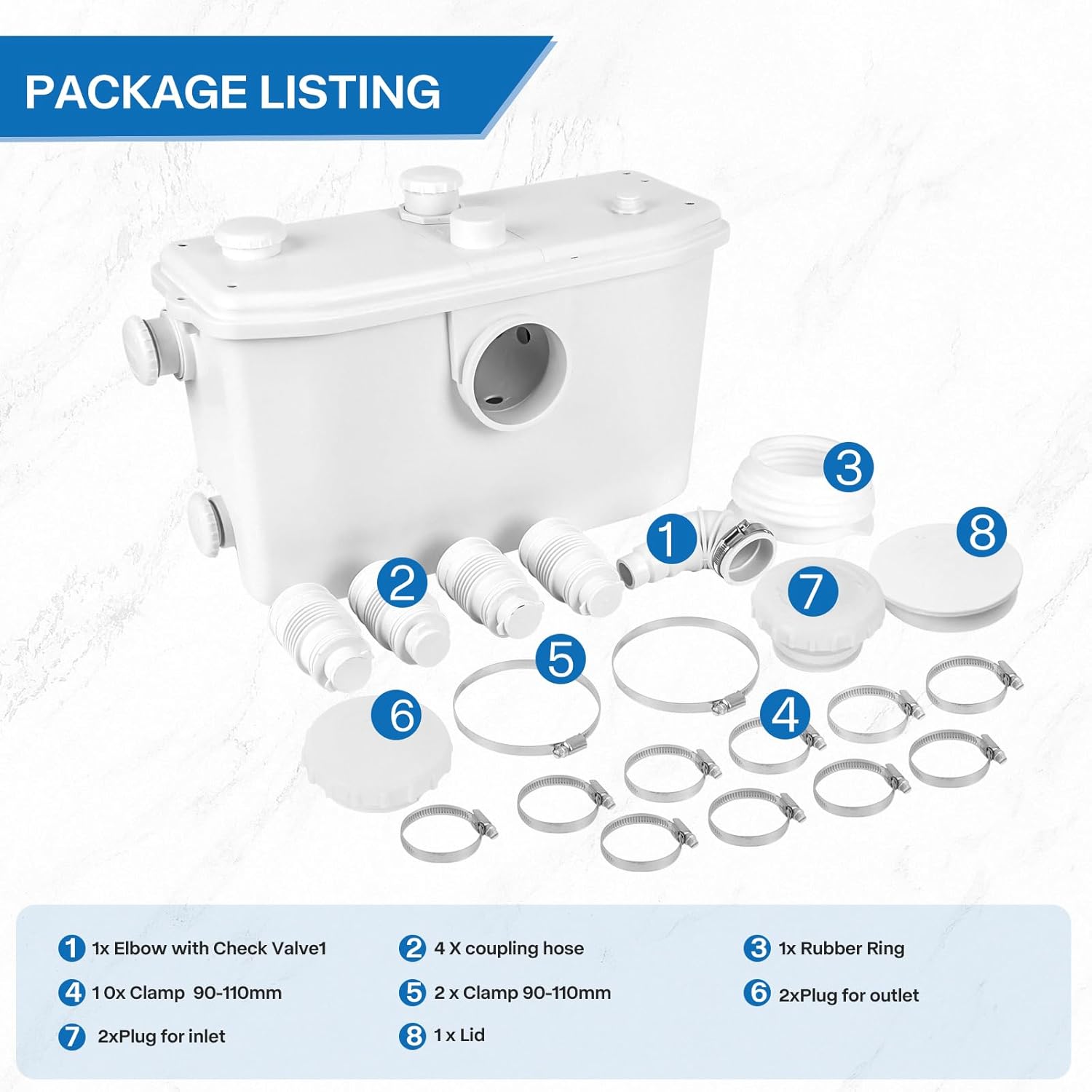 750 Watt High Power Compact Macerating Toilet with Pump for Basement Upflush System, Dual-flush Toilet with 4 Water Inlets & 2 Outlets Pump for Laundry Sink Shower, Silent Close Seat 328 FT Pumping
