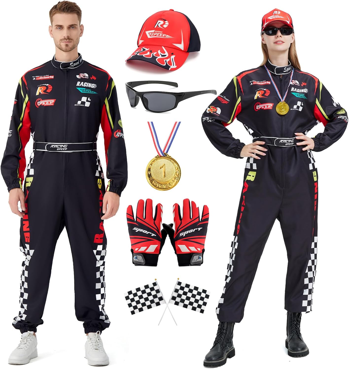 Race Car Driver Costume for Men Women Racing Jumpsuit with Hat Sunglasses Gloves Halloween Adult Racer Outfit
