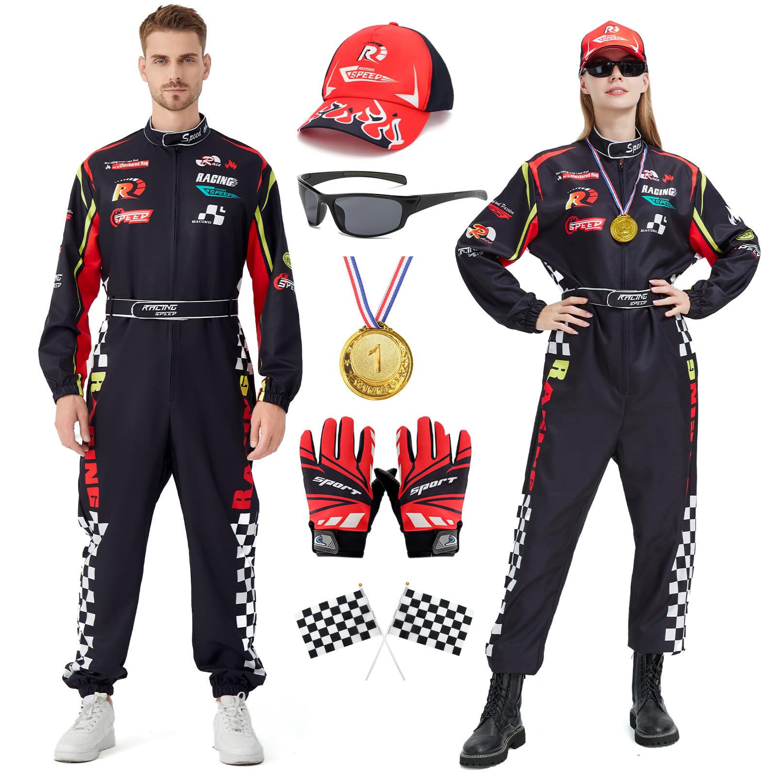 Race Car Driver Costume for Men Women Racing Jumpsuit with Hat Sunglasses Gloves Halloween Adult Racer Outfit
