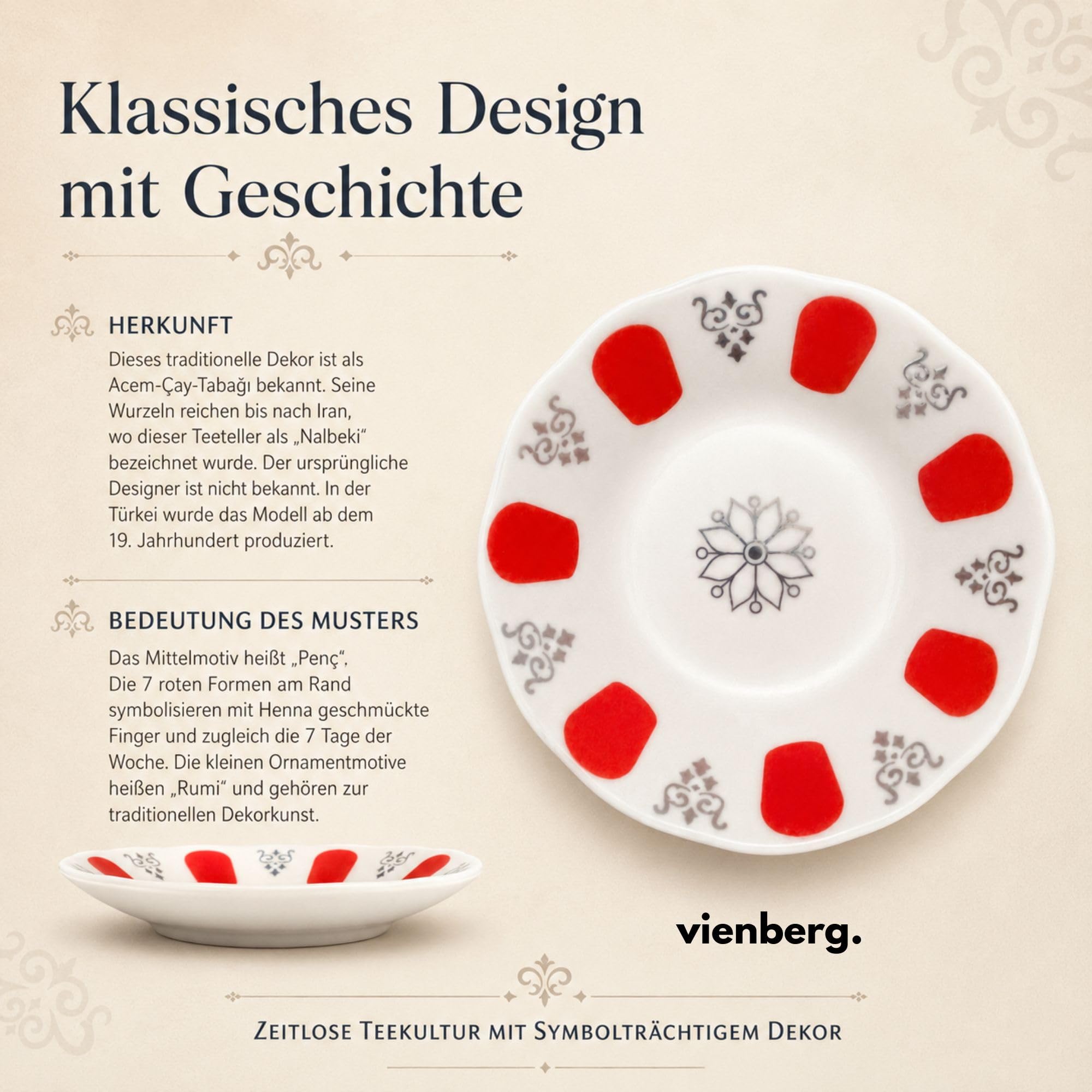 6er Set Unterteller für Teegläser, Türkische Teeteller aus Porzellan, 11 cm, Teeglas Untersetzer, Dip- und Soßenschälchen, Snackteller, spülmaschinengeeignet, Acem-Dekor