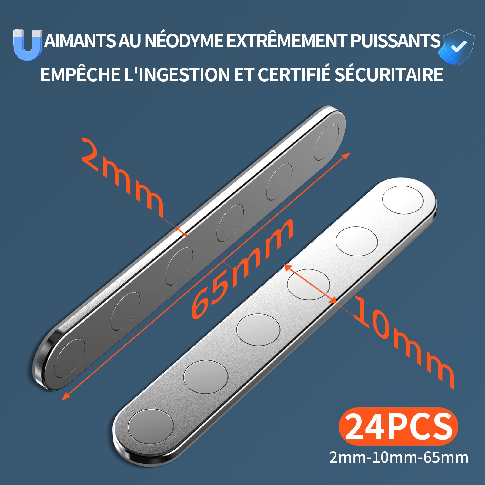 BKSAI 24Pcs Aimants Puissants Néodyme Autocollant Incassable Aimant Plat | 65x10x2mm Magnet Frigo Plat, Bande Magnétique Adhesif, Polyvalent pour Maison Tableau Cuisine Garage, Composants de Fixation