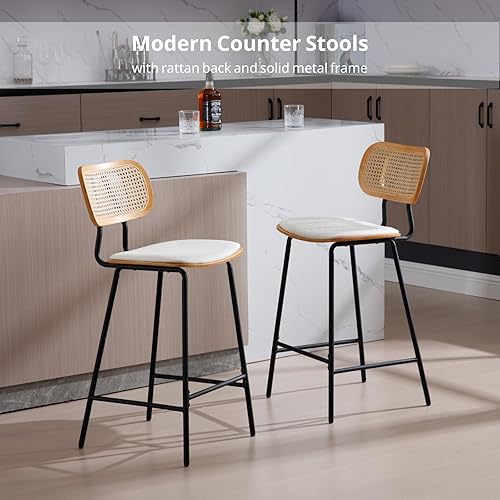 Miniatura 3 de HEAH-YO Juego de 2 taburetes de ratán de 26 pulgadas de altura de mostrador con respaldo de ratán y patas de madera, taburetes de cocina de piel