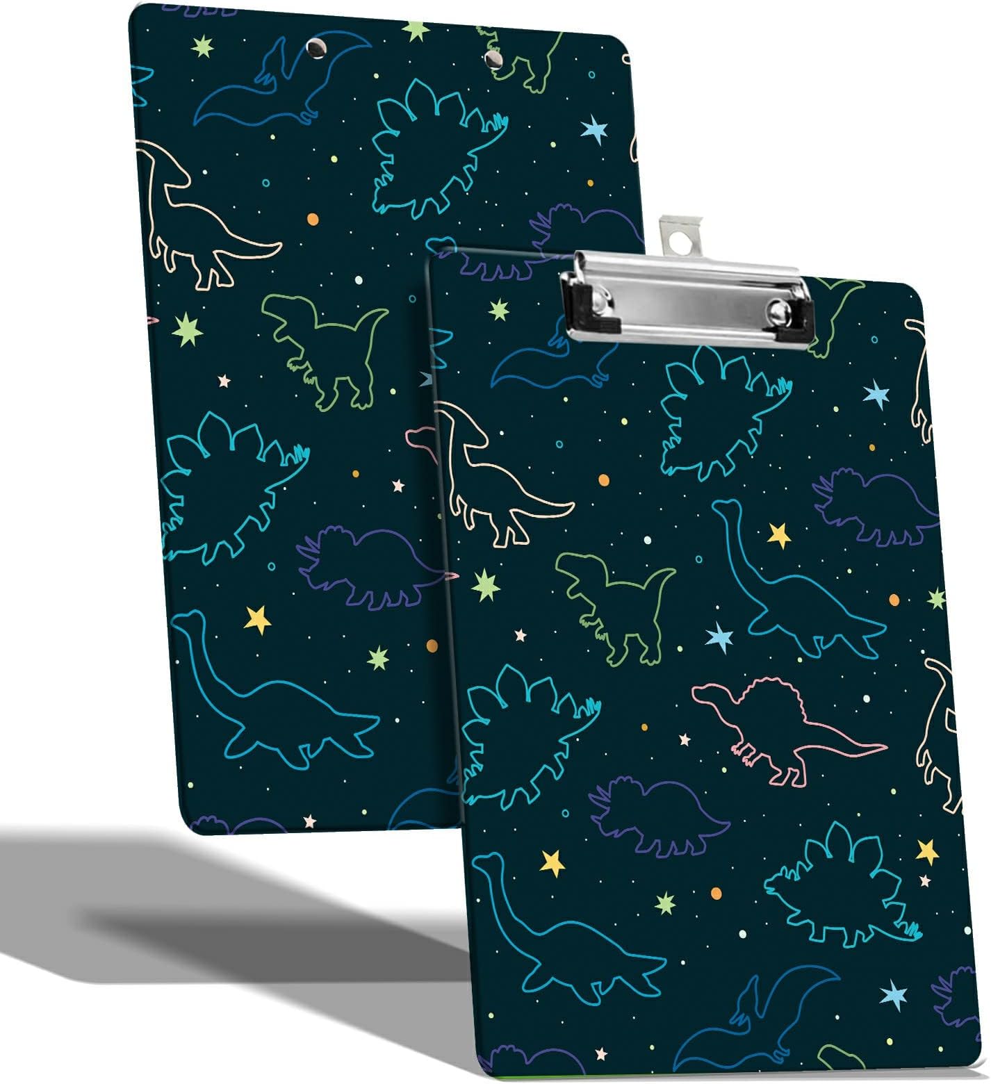 A4 Size Clipboard with Hanging Hook and Low Profile Clip, Plastic Nurse Clipboard Writing Drawing Board with Double-Sided Funny Dinosaurs Print for Woman Kids Office School Use