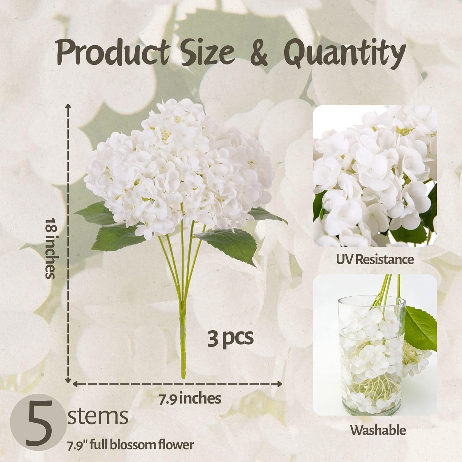 INXUGAO Artificial Flowers Fake Outdoor Hydrangea Bouquets with Long Stems, 3Pcs 18" Faux Ivory White Hydrangeas with Latex Real Touch for Outdoors, Wedding, Baby Shower and Party Decor