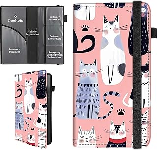 Car Insurance and Registration Holder,PU Leather Vehicle Glove Box Wallet Case Essential Documents Organizer for Driver's License Cards,Cute Poses Cats
