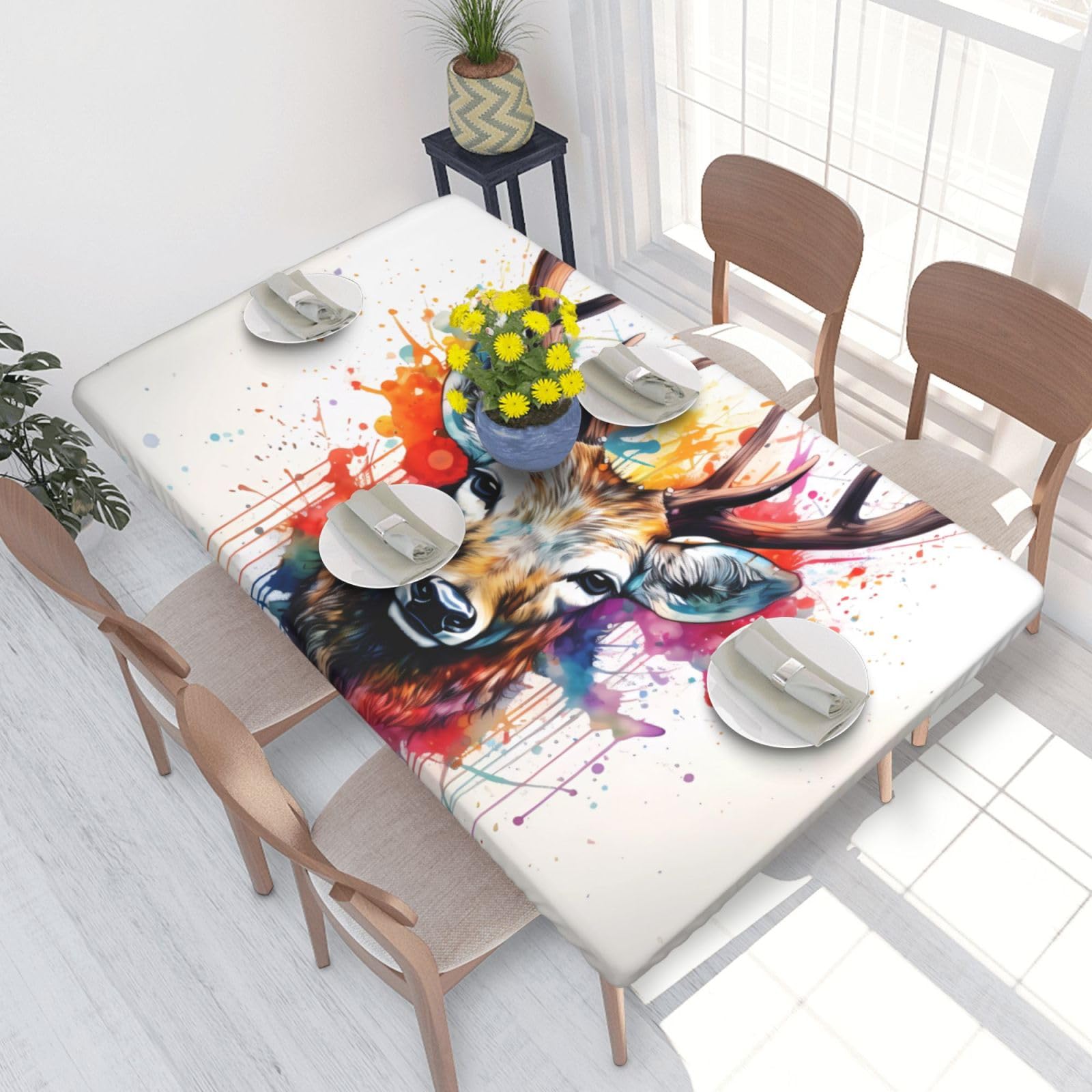 Deer Waterproof Square Table Cover Elastic Fitted Tablecloth Oil Proof Table Protector For 4ft Table