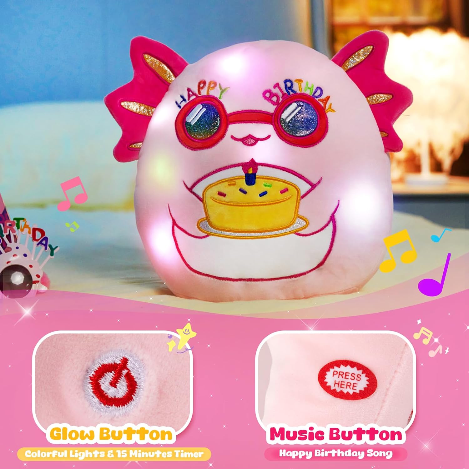 BSTAOFY Light up Music Happy Birthday Axolotl Soft Plush Stuffed Animal Axolotl Birthday Gift for Toddler Kids Girls, 12''