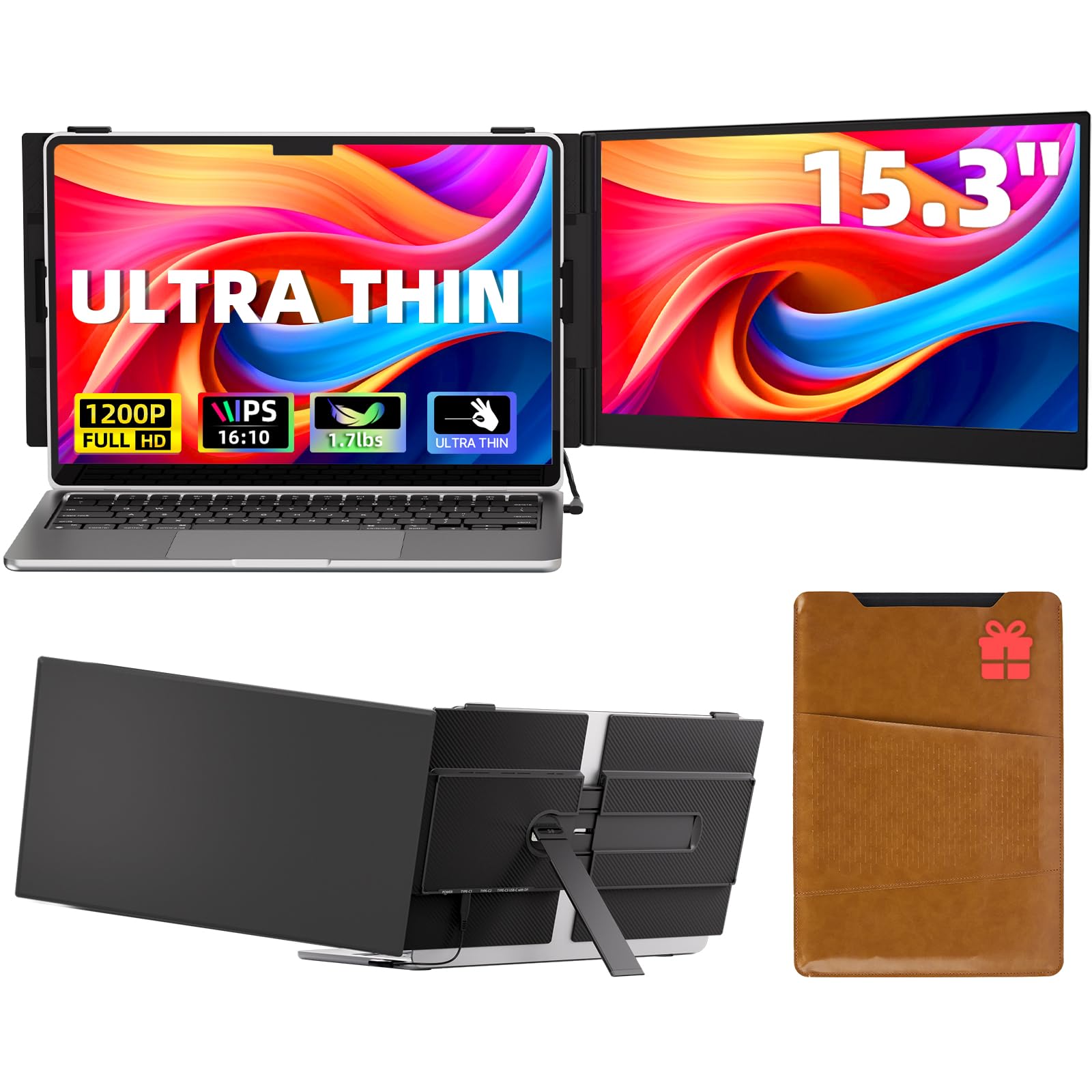 15.3” Laptop Screen Extender, FHD IPS 100% sRGB Portable Travel Monitor for Laptop (15”-17.3” Screen), 16:10 Plug & Play External Screen, Second Extra Attachment Display for Windows Mac