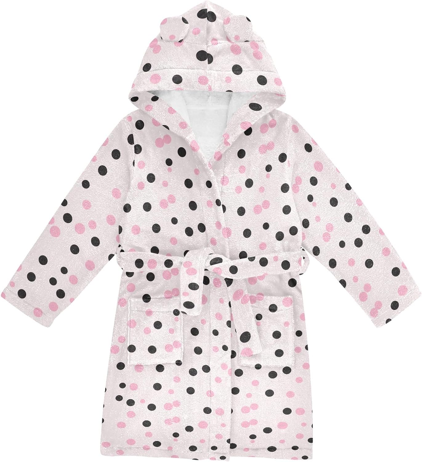 Pink Black Spot Toddler Hooded Bathrobe for Boys Girls Soft Plush Bath Towel Robe 2-12 Years