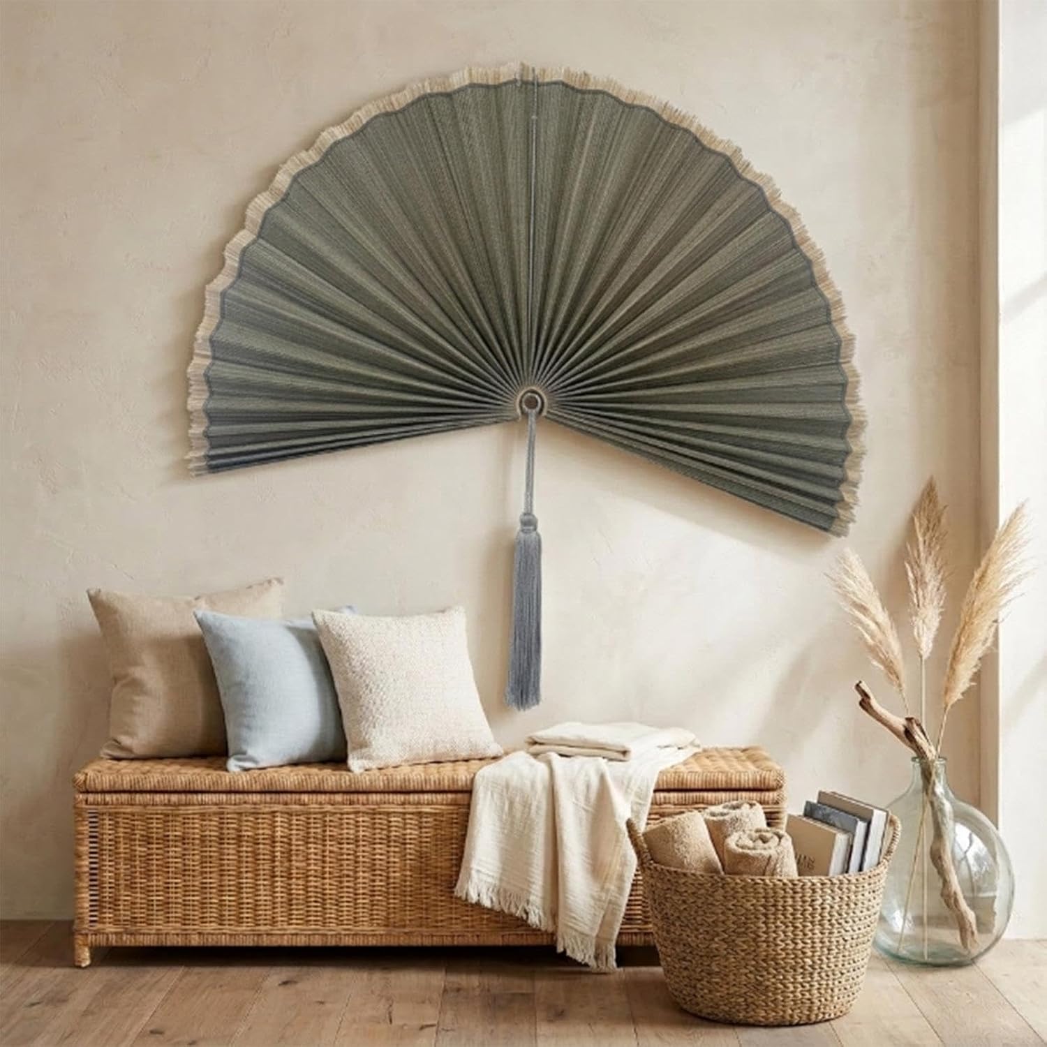 Giant Bamboo Wall Fan Decor, Hand Woven Boho Folding Fan with Tassel, Large Decorative Hanging Wall Art Over Bed Headboard Alternative for Living Room Bedroom(Dark Gray,23Inch x 47Inch)
