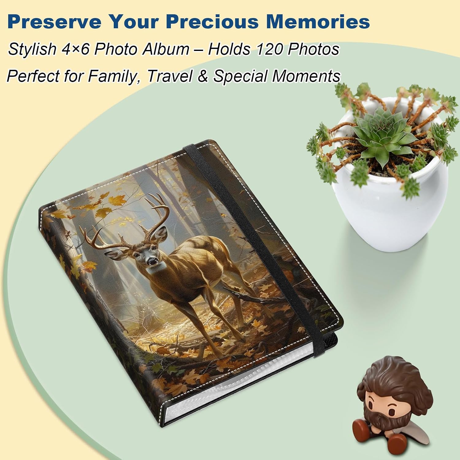 Small Photo Album 4x6 for 120 Pictures, PU Leather Cover Picture Album with Elastic Band, Mini Photo Book for Family Baby Wedding Anniversary Travel Scrapbook, Autumn Deer 02