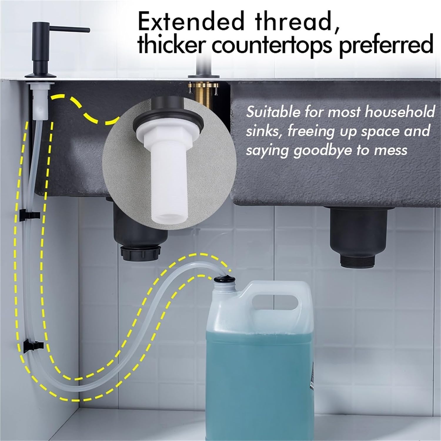 Matte Black Silicone Tube Stainless Steel Press Head Dishwashing Liquid Soap Dispenser Deck Mounted Extend Hose Longer Rubber(Brushed Gold)